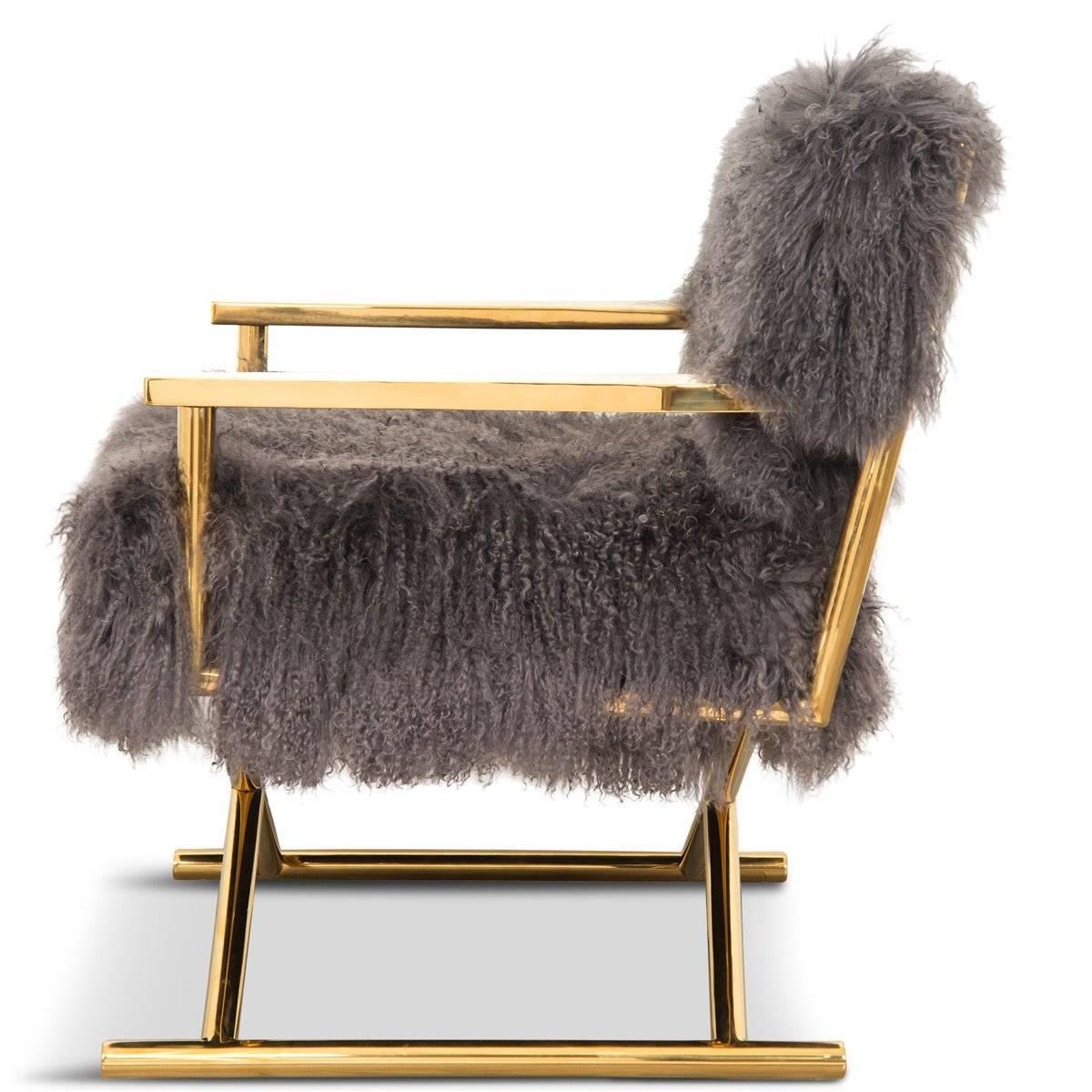 Polished Modern Style Directors Chair Ivory or Charcoal Mongolian Fur & Solid Brass Frame