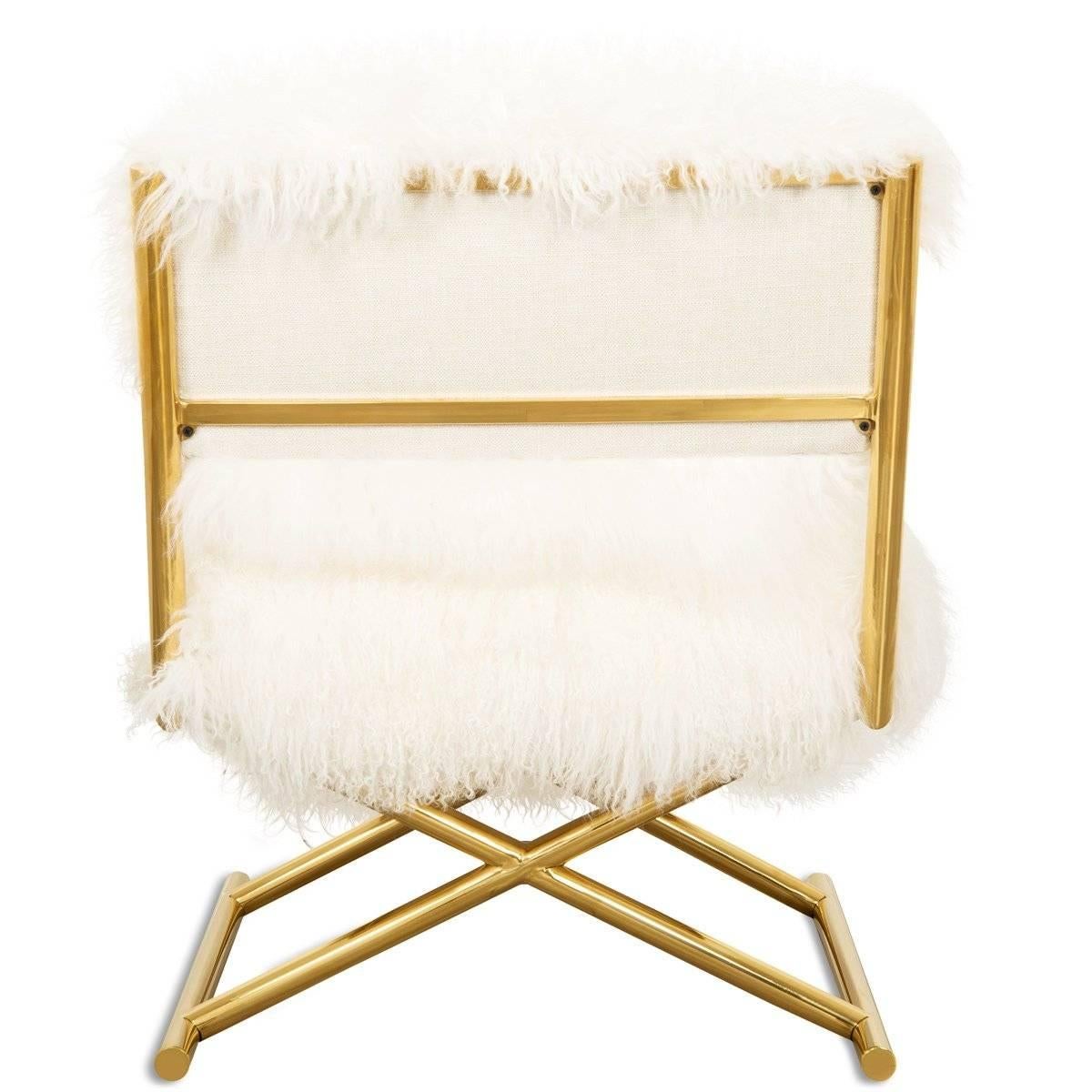 Modern Style Directors Chair Ivory or Charcoal Mongolian Fur & Solid Brass Frame In New Condition In Compton, CA