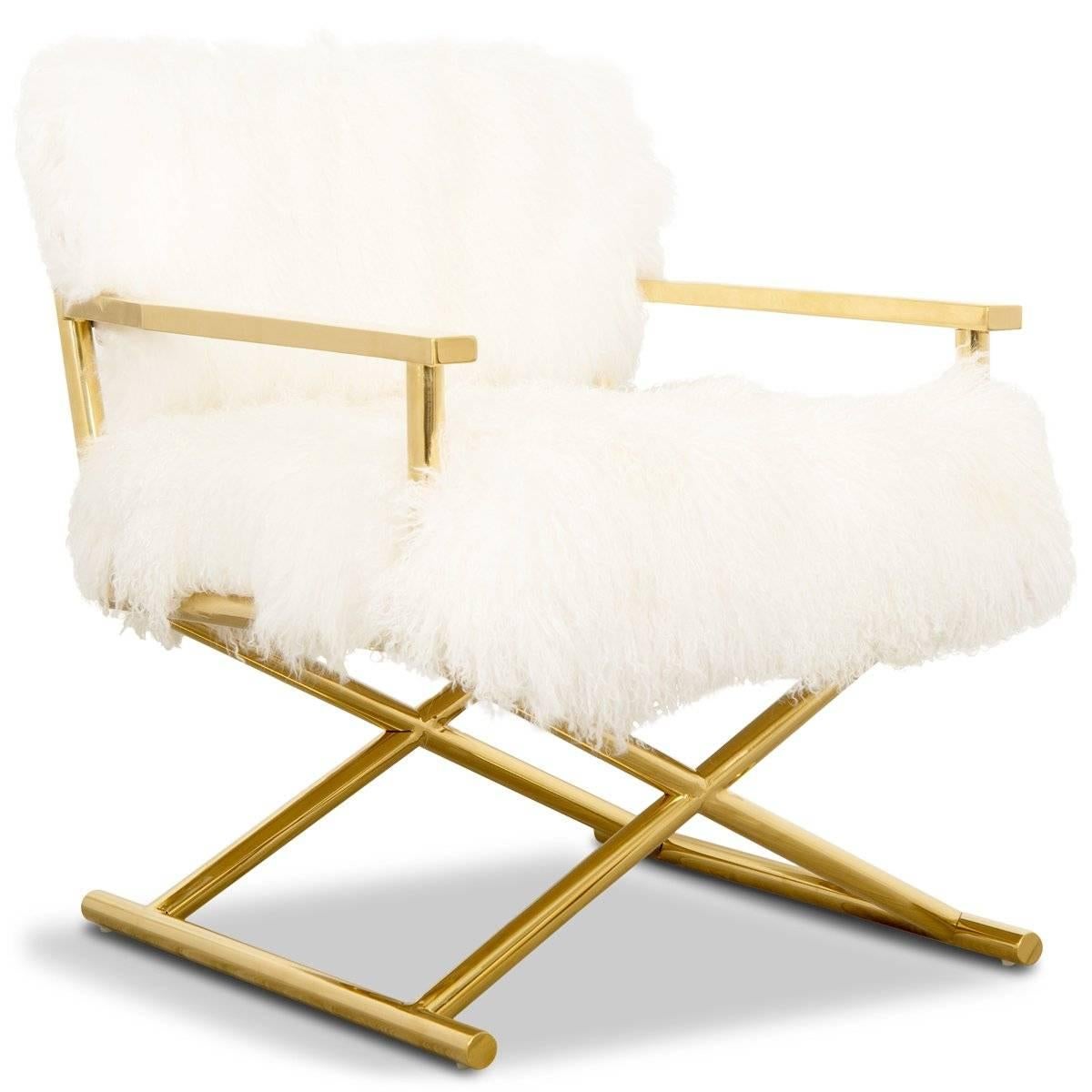 Contemporary Modern Style Directors Chair Ivory or Charcoal Mongolian Fur & Solid Brass Frame