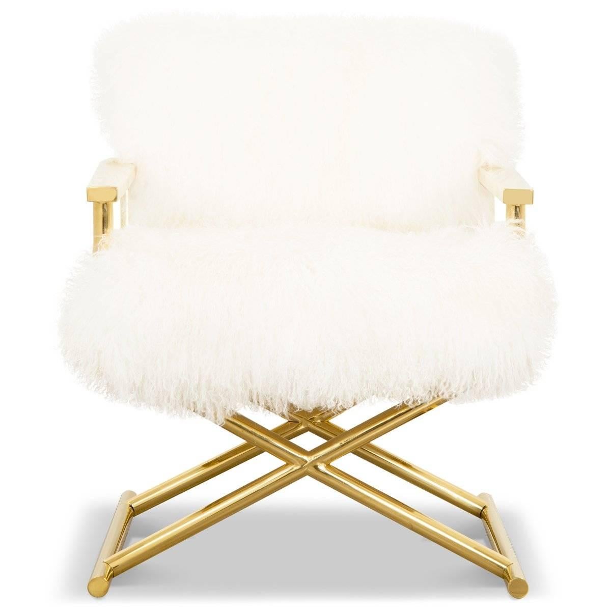 Modern Style Directors Chair Ivory or Charcoal Mongolian Fur & Solid Brass Frame 1