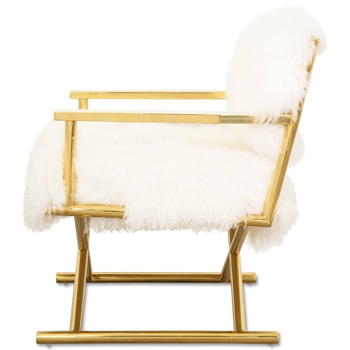 Modern Style Directors Chair Ivory or Charcoal Mongolian Fur & Solid Brass Frame 2
