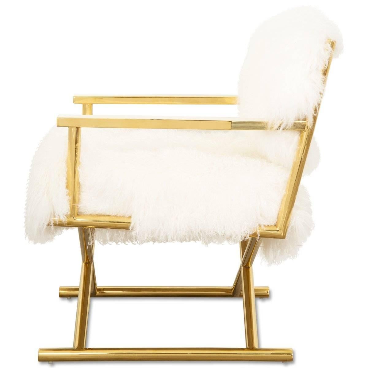 Fauteuil d'administrateur de style moderne Fourrure mongole ivoire ou anthracite & Cadre en laiton massif 1