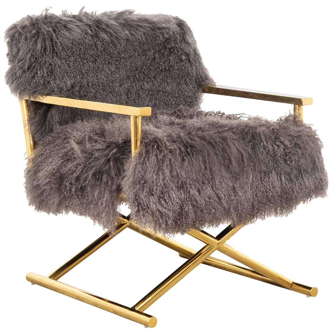 Modern Style Directors Chair Ivory or Charcoal Mongolian Fur & Solid Brass Frame