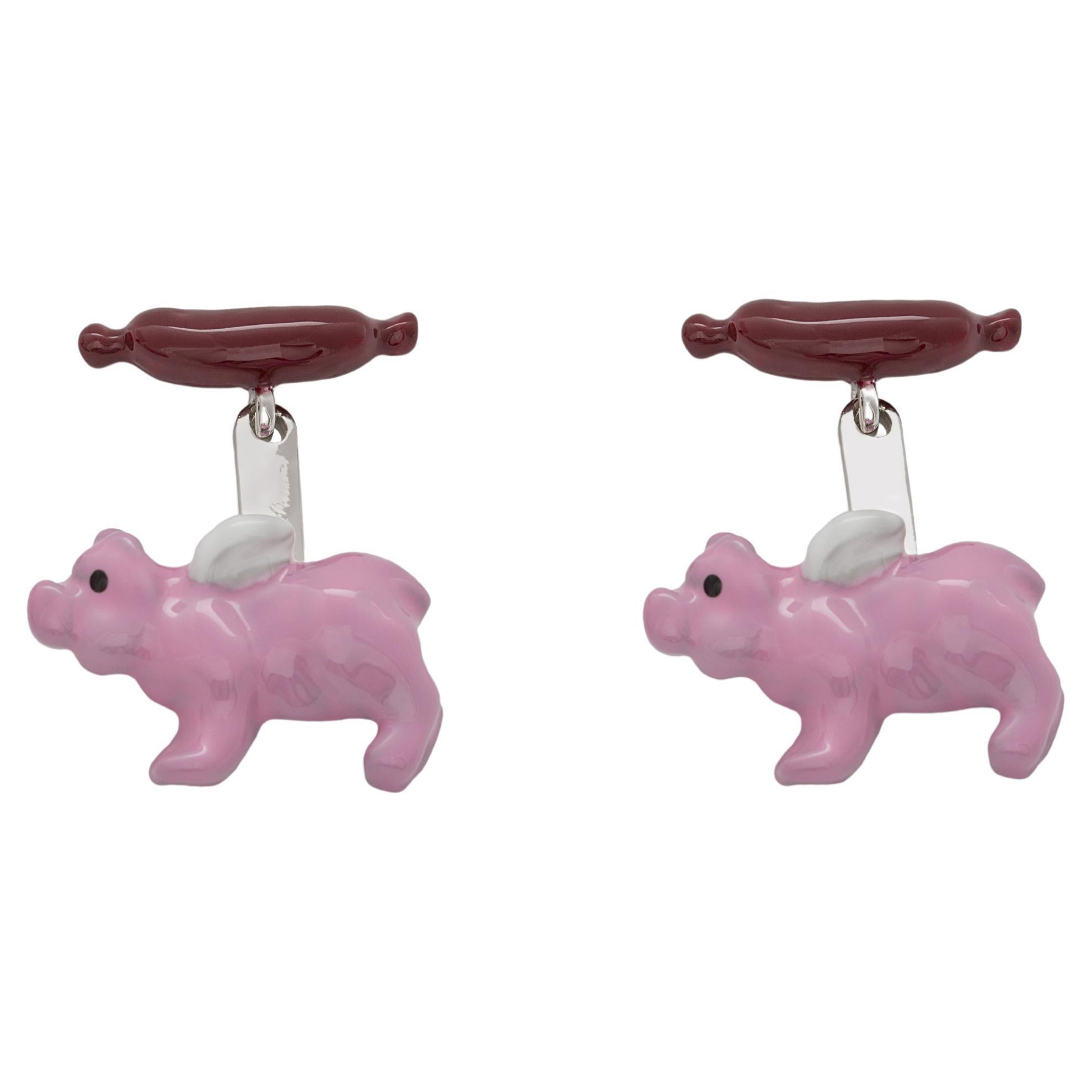Boutons de manchette de style moderne en argent sterling émaillé « Piggy » au design pop