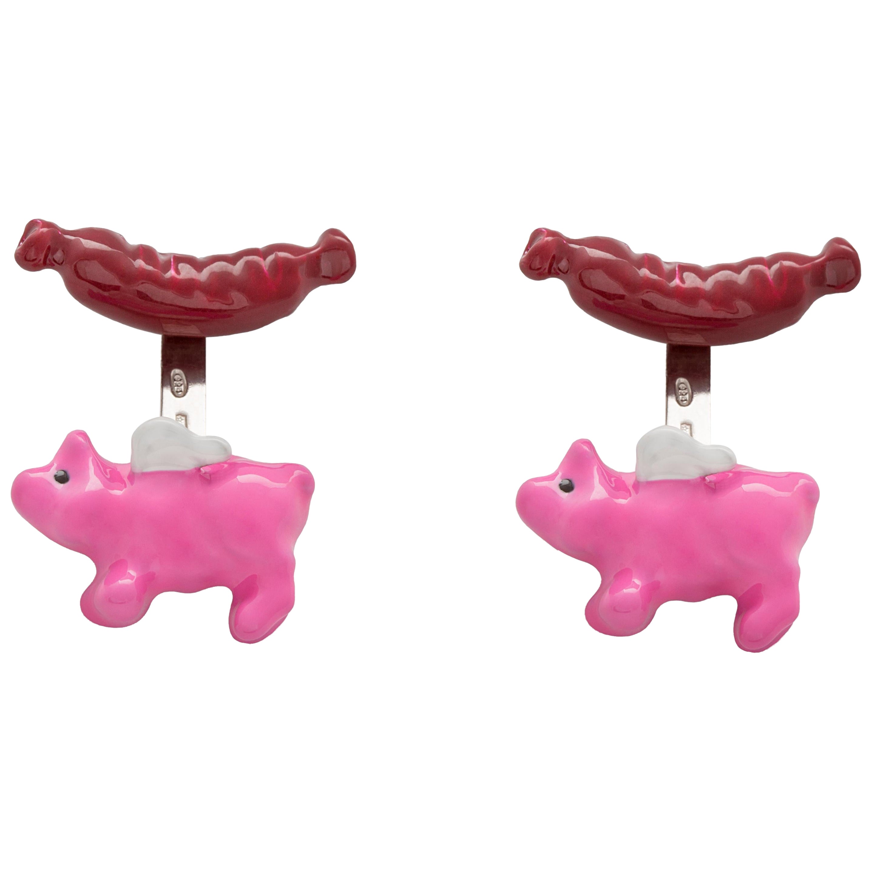 Petits boutons de manchette « Piggy » de style moderne en argent sterling émaillé