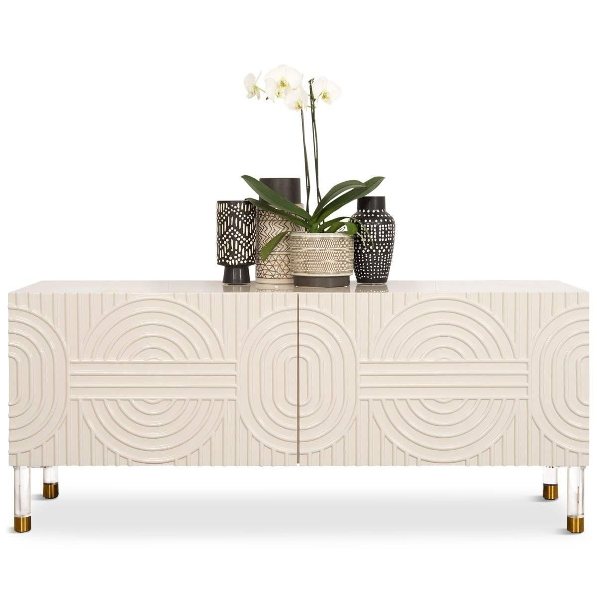 Chinese Modern Style Florence Two-Door Petite Blush Pink Credenza, Lucite and Brass Legs For Sale