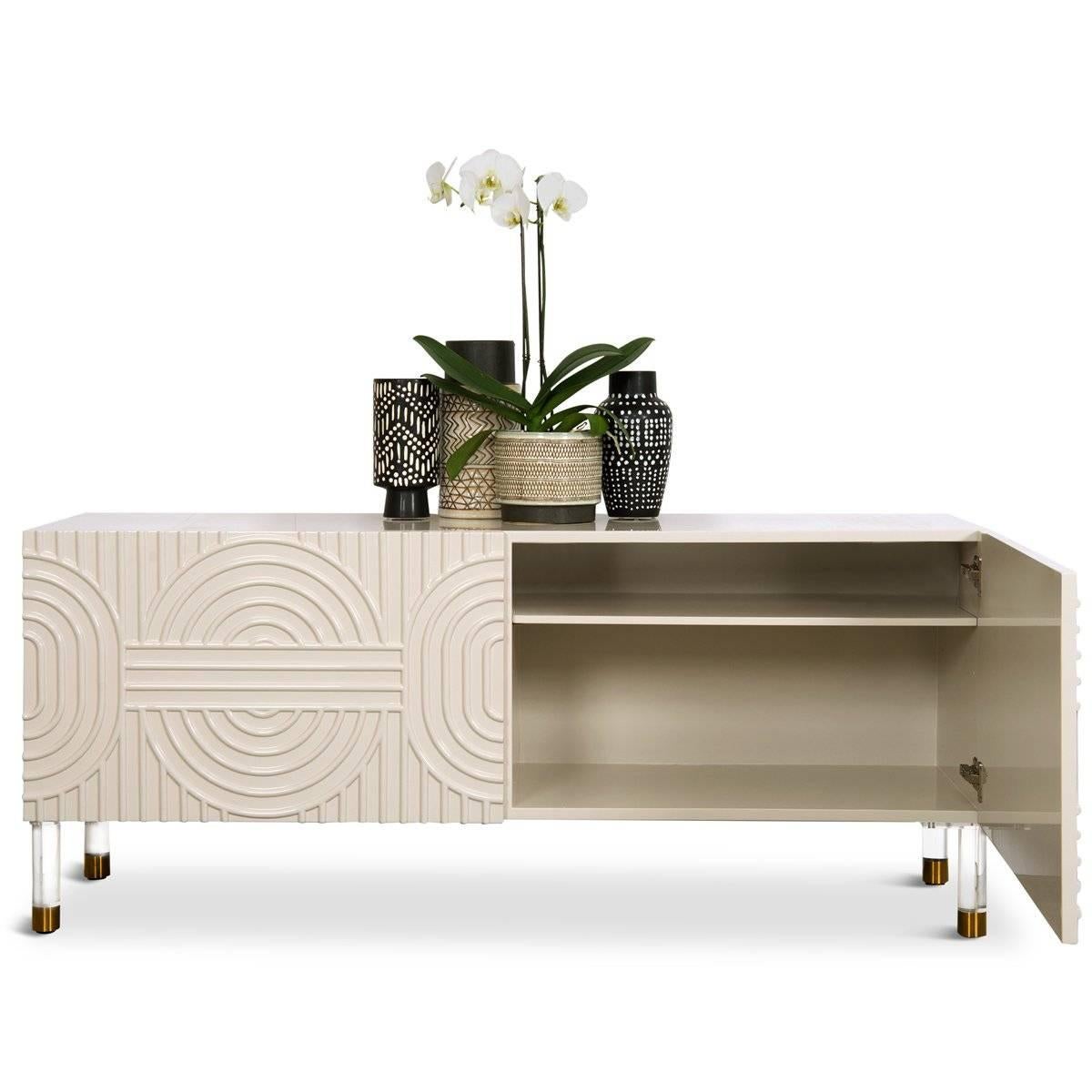 Lacquered Modern Style Florence Two-Door Petite Blush Pink Credenza, Lucite and Brass Legs For Sale