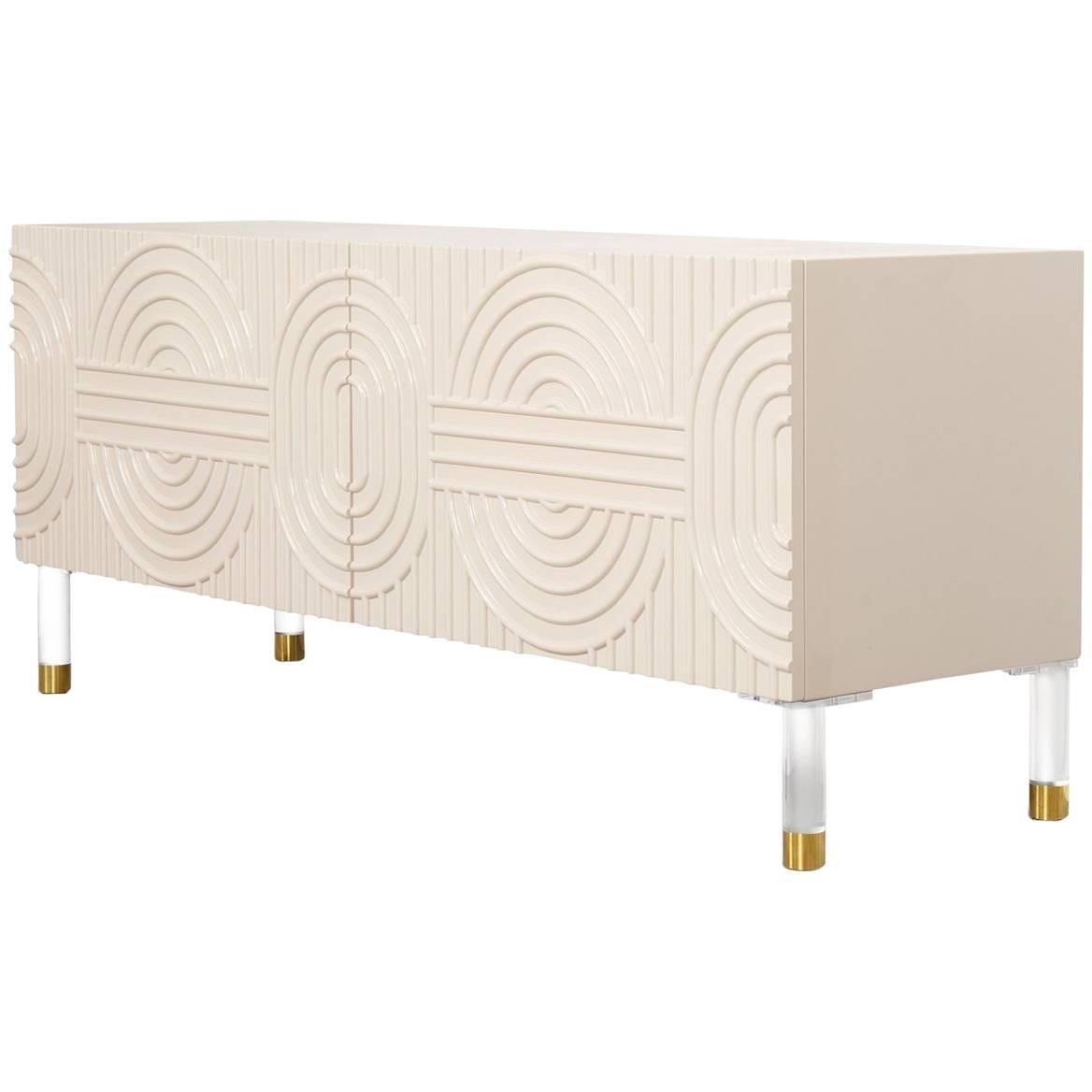 Modern Style Florence Two-Door Petite Blush Pink Credenza, Lucite and Brass Legs