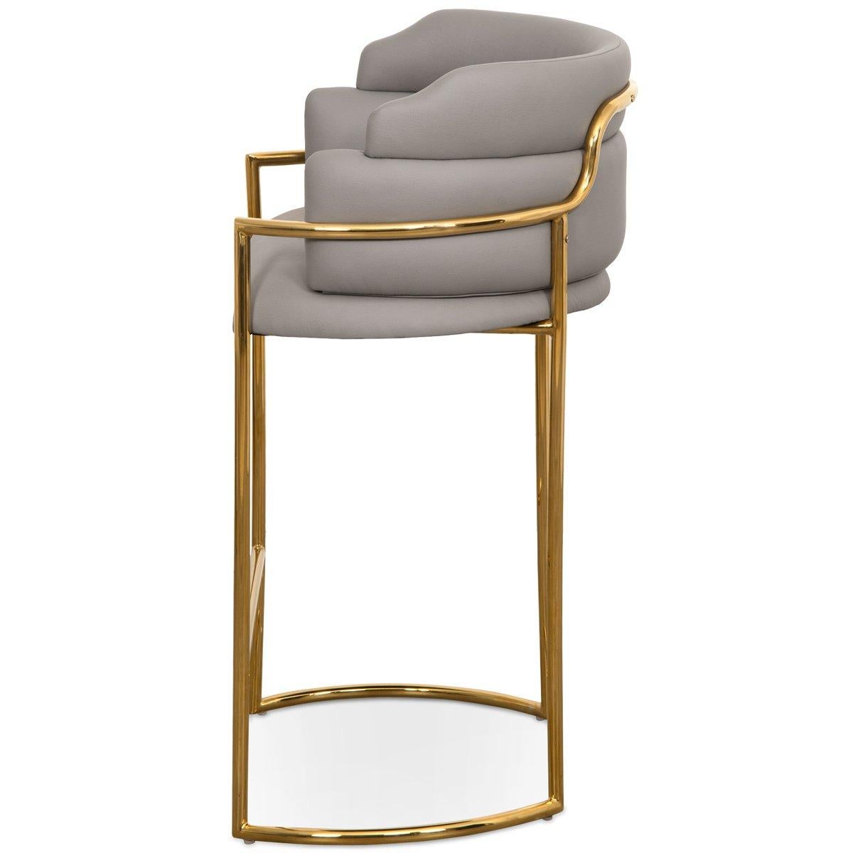 Chinois Tabouret de bar à dossier complet de style moderne en simili cuir gris et cadre en laiton poli