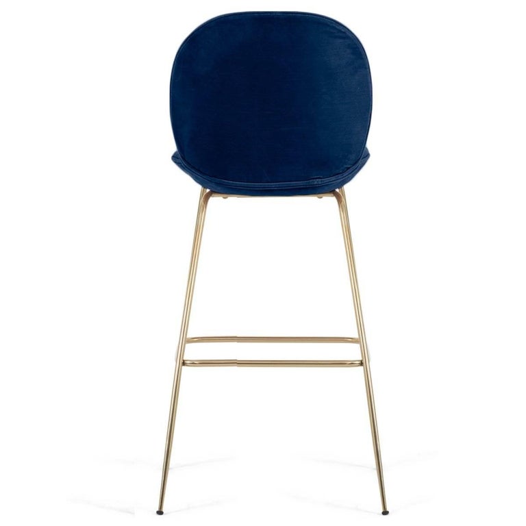 Modern Style Full Back Bar Stool In Velvet And Polished Brass Frame Chinese Modern Style Full Back Bar Stool In Velvet And Polished Brass Frame Indigo Blue