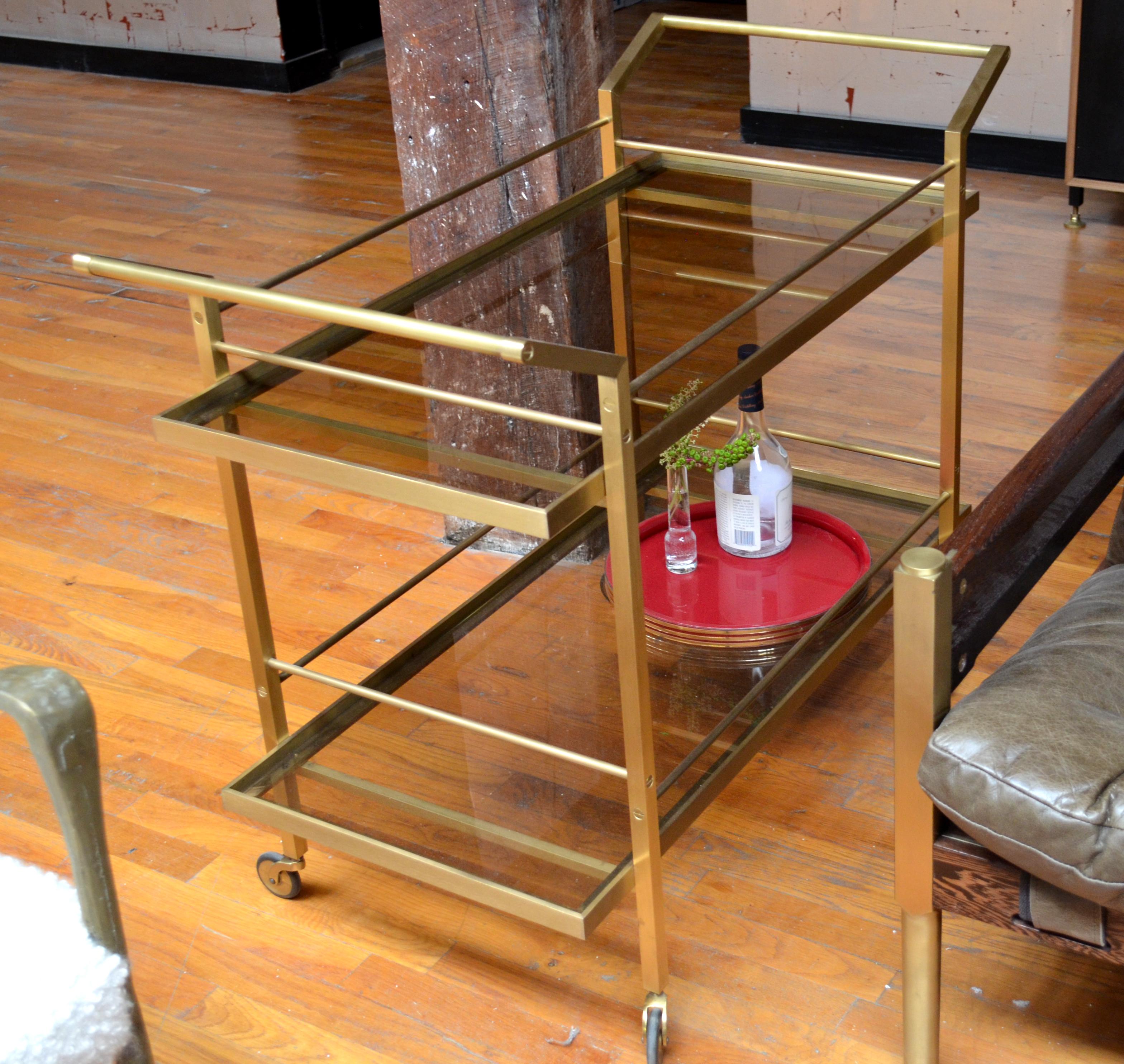 Contemporary Modern Style Kent Bar Cart with Brass and Steel Construction Custom Details For Sale
