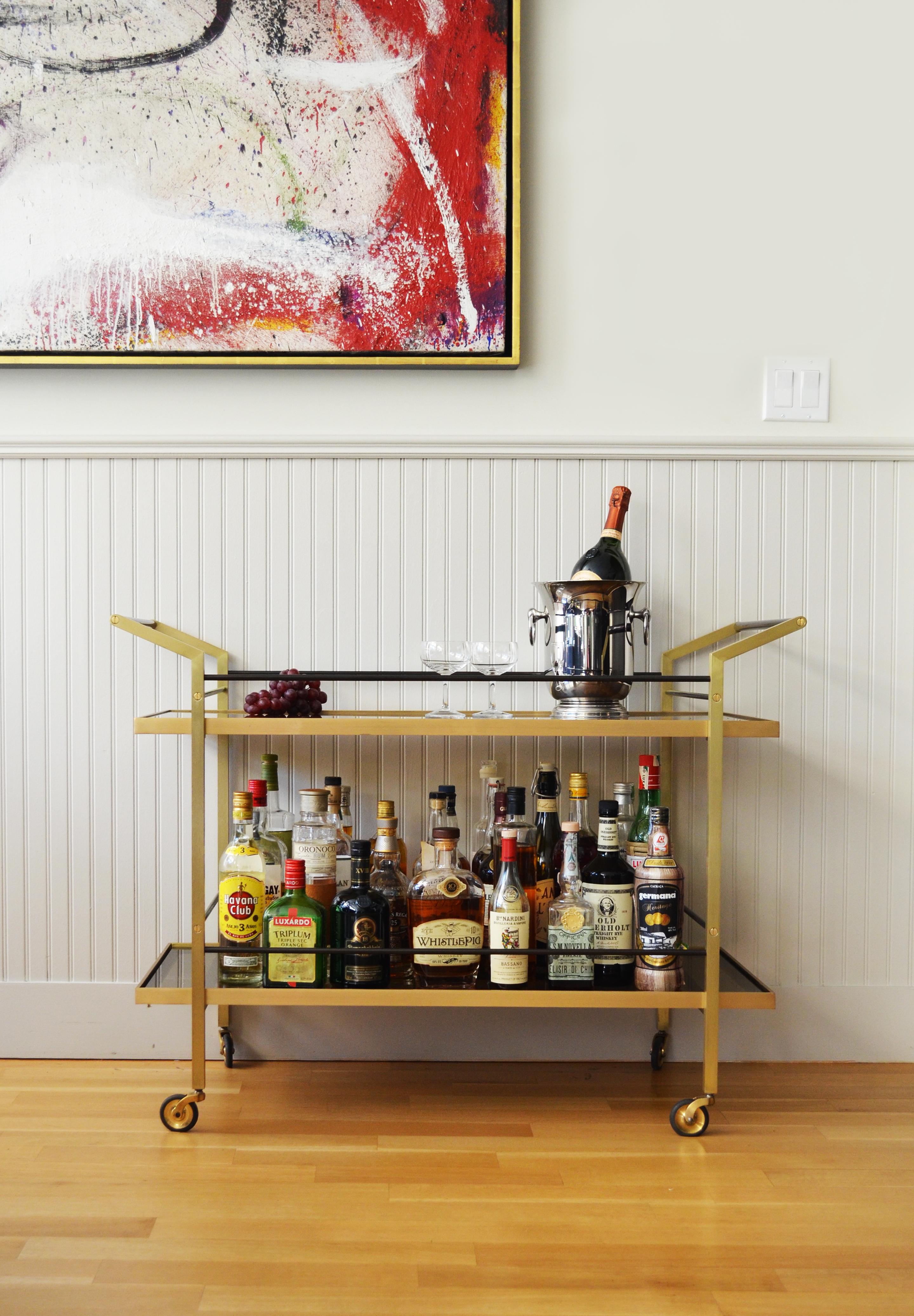 Modern Style Kent Bar Cart with Brass and Steel Construction Custom Details For Sale 1