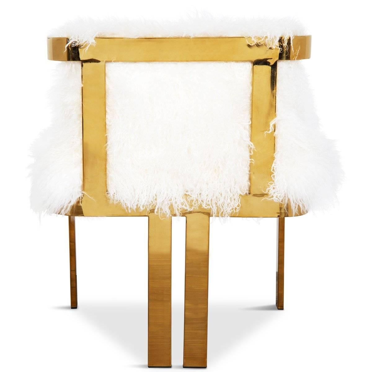 Introducing our all new Kingpin dining chair in Mongolian fur. With a unique brass frame and an upholstered seat and backrest, you'll surely feel like a kingpin sitting in this one-of-a-kind chair. Shown in ivory Mongolian fur.

Dimensions:
21