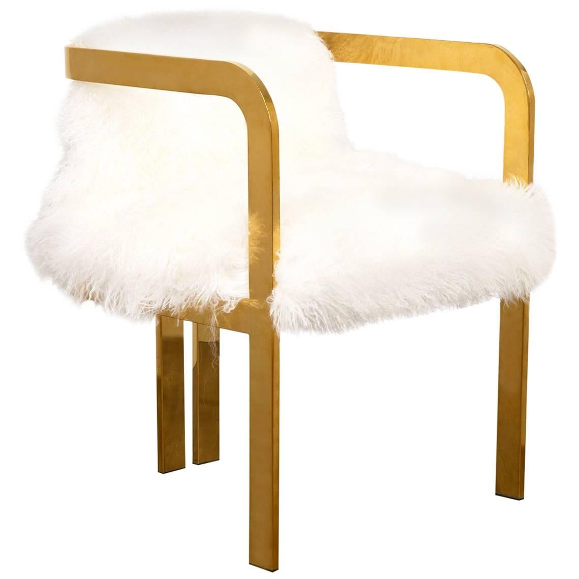 Modern Style Kingpin Dining Chair in Ivory Mongolian Fur and Solid Brass Frame