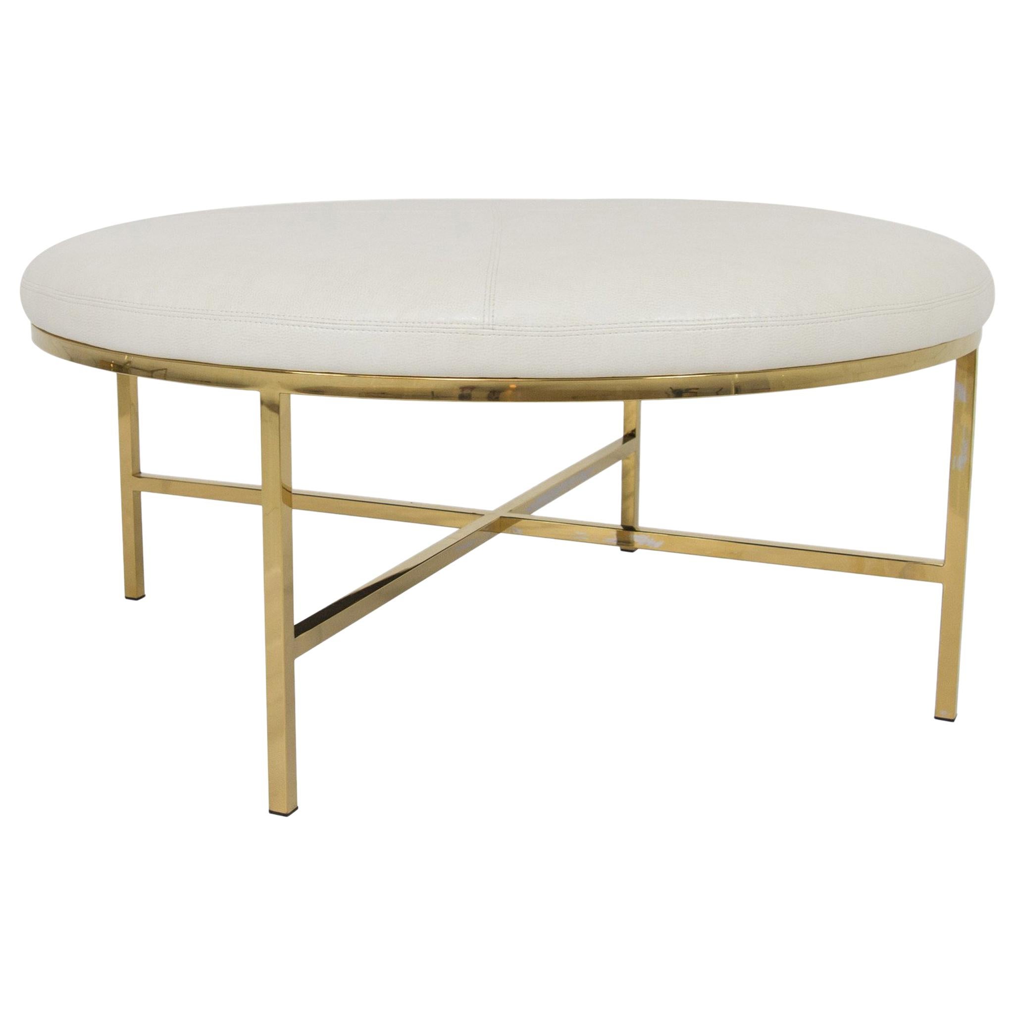 Modern Style Milan Circular Ottoman in Faux Leather with Brass Frame and Legs For Sale