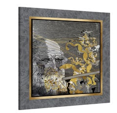 Shadow of Leonardo, Hand-Embroidered Silk Silver Tapestry, Ancient Lacquer Frame