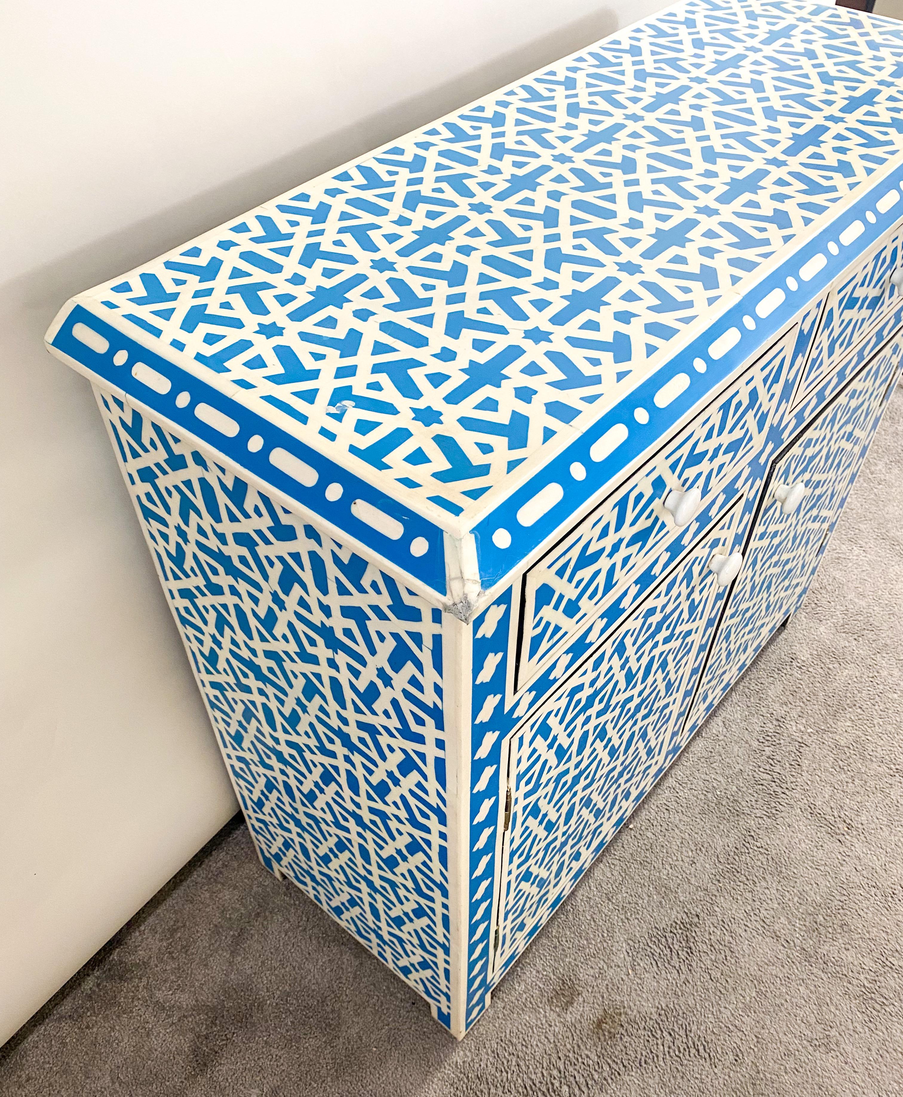 Boho Chic White & Blue Resin Geometrical Design Two Door Cabinet or Console  For Sale 4