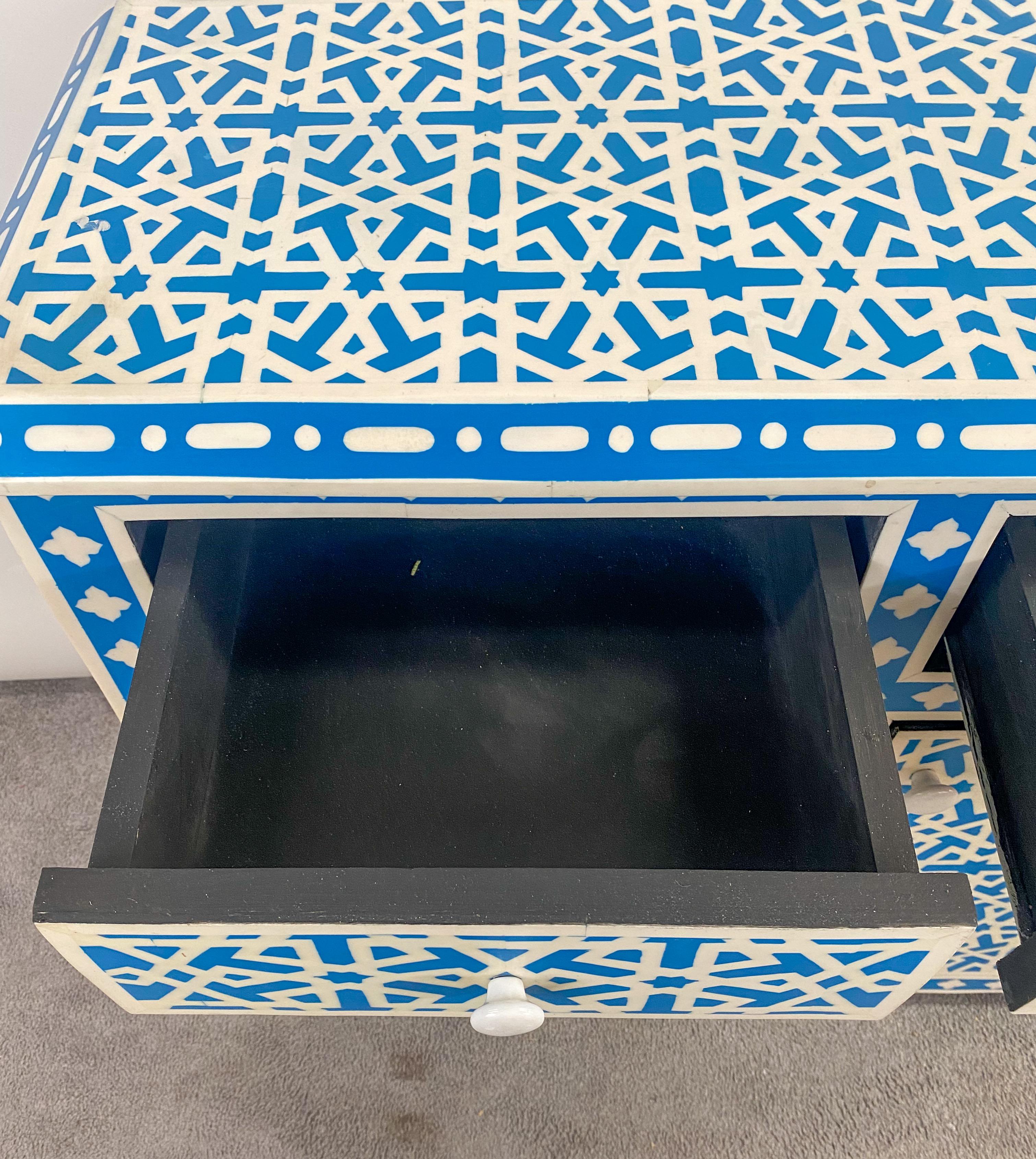 Boho Chic White & Blue Resin Geometrical Design Two Door Cabinet or Console  For Sale 5