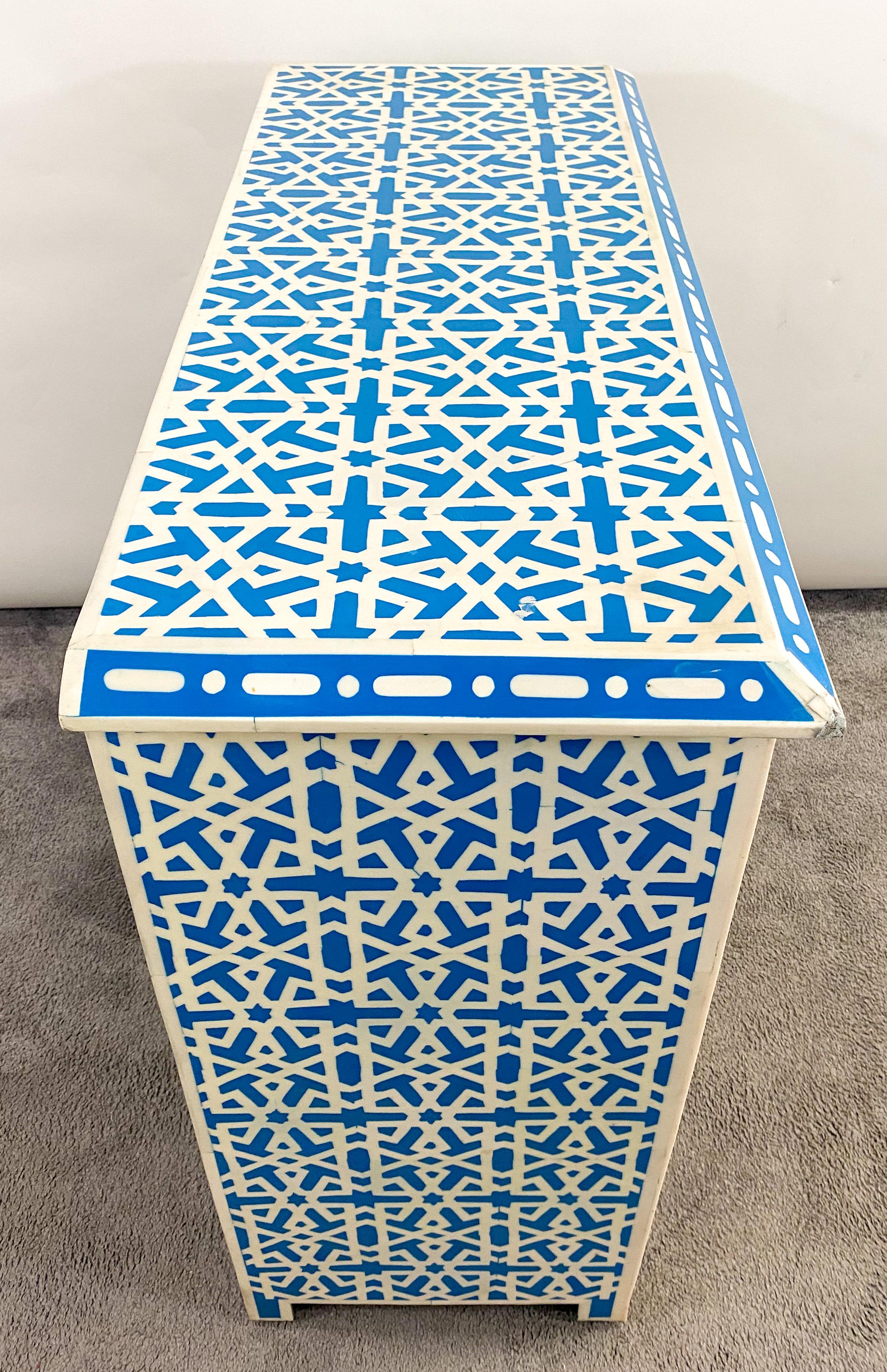 Boho Chic White & Blue Resin Geometrical Design Two Door Cabinet or Console  For Sale 8