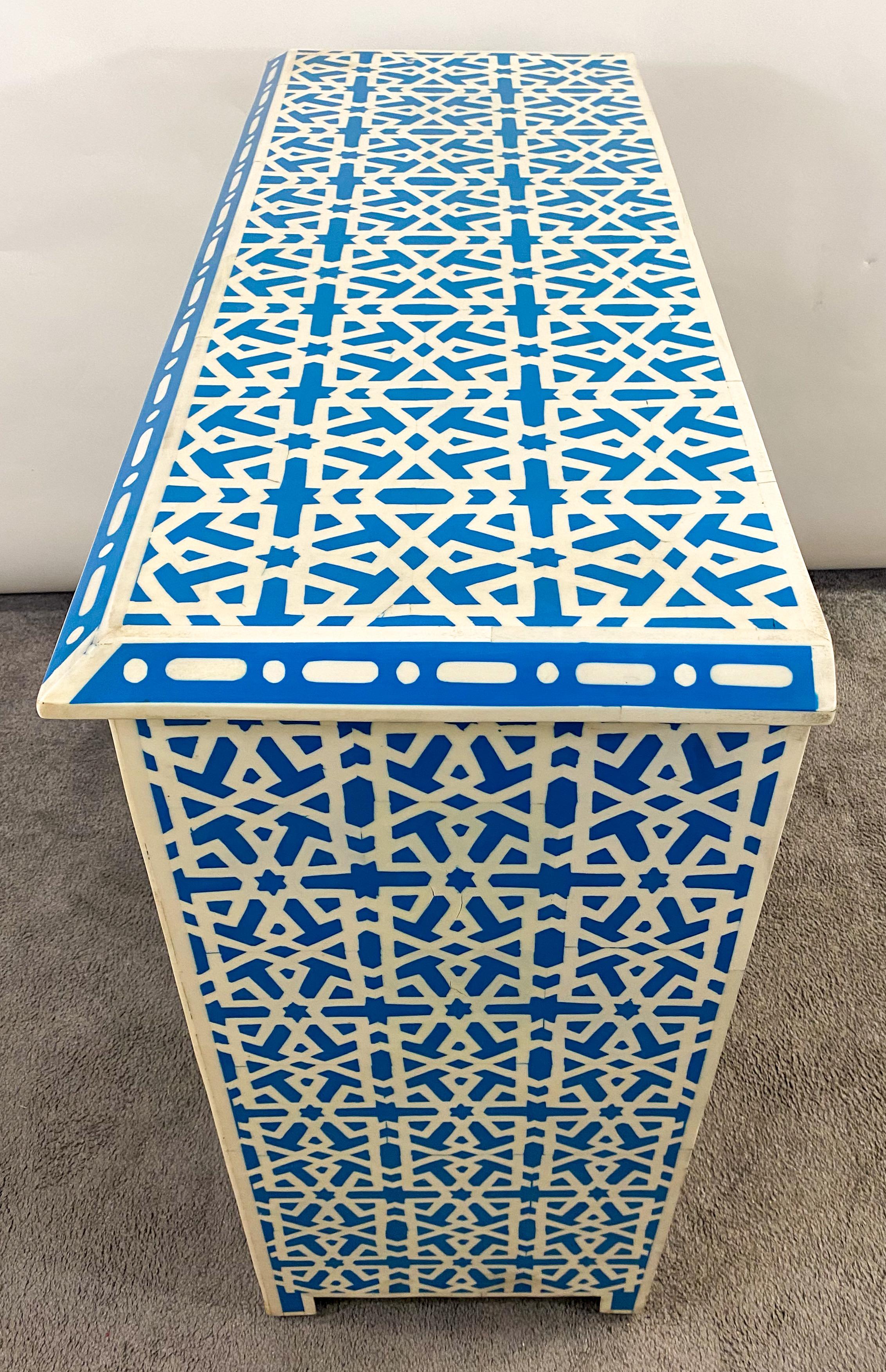 Boho Chic White & Blue Resin Geometrical Design Two Door Cabinet or Console  For Sale 10