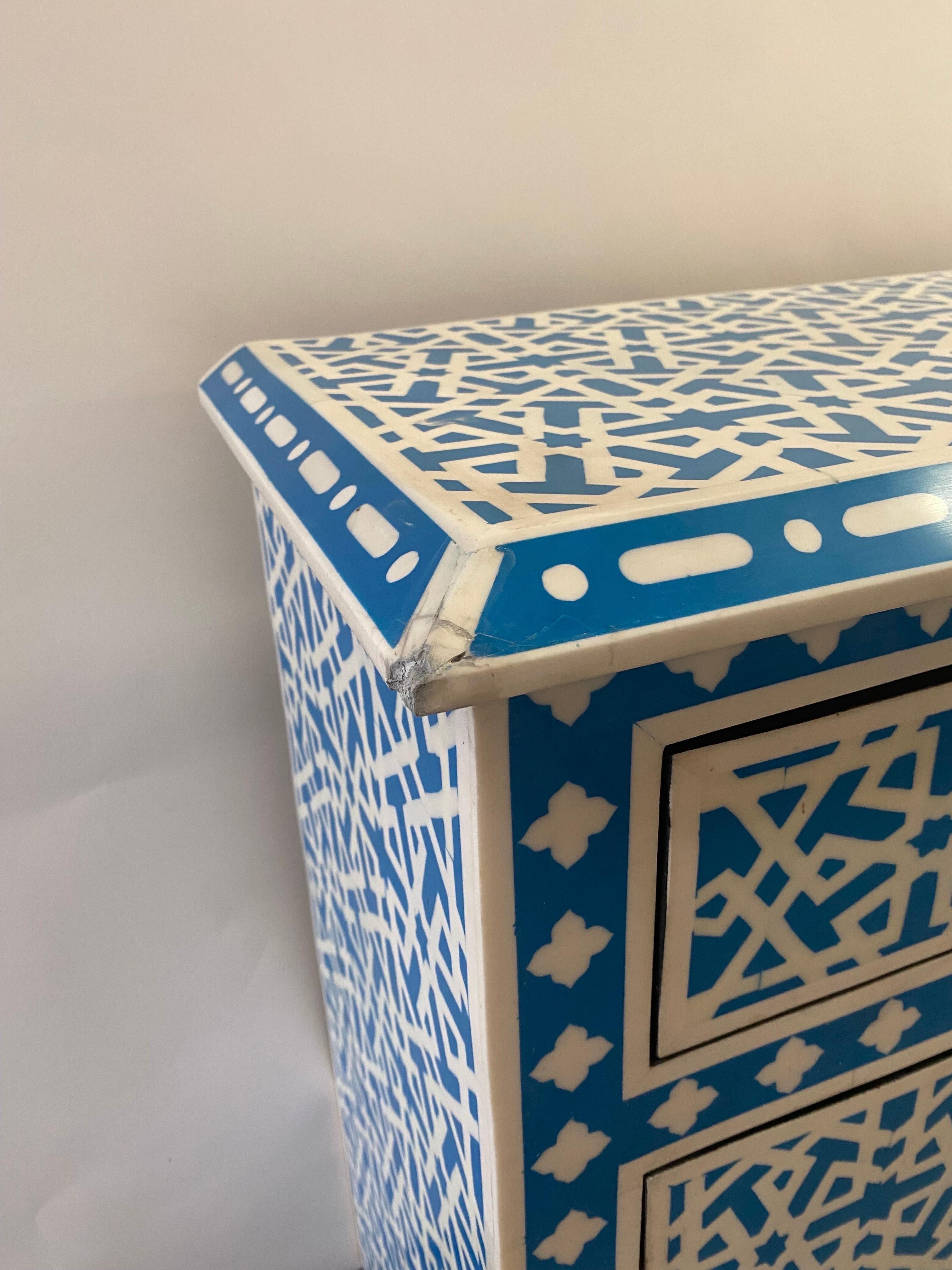 Boho Chic White & Blue Resin Geometrical Design Two Door Cabinet or Console  For Sale 12