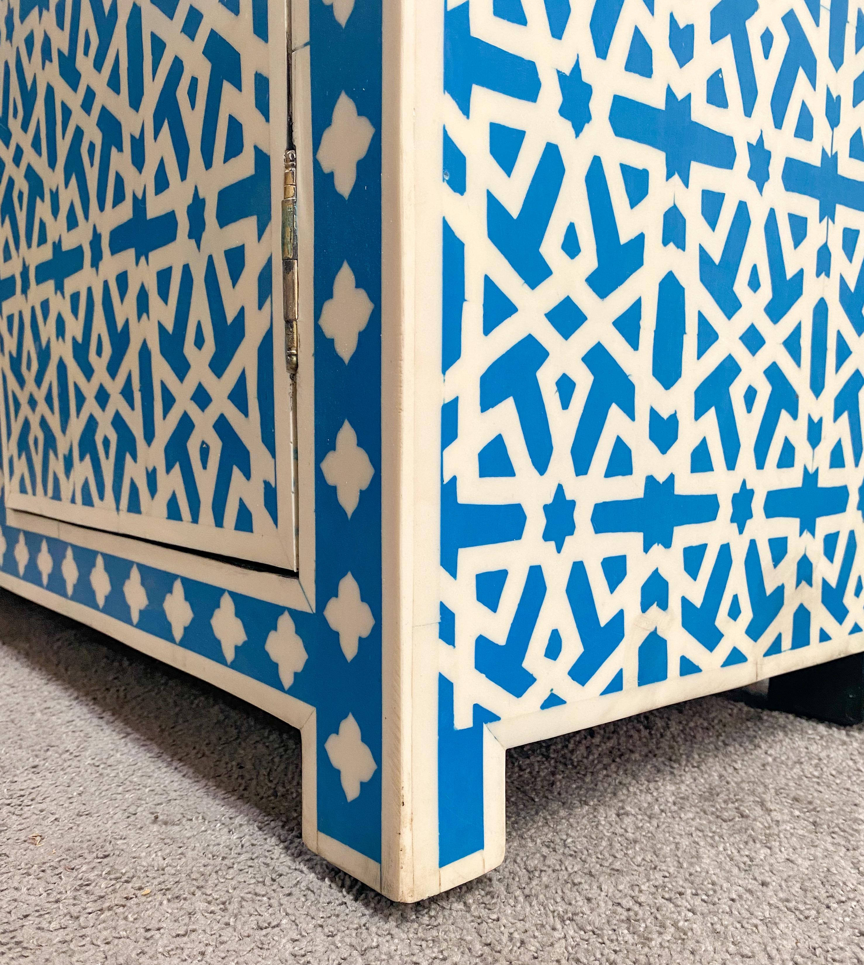 Boho Chic White & Blue Resin Geometrical Design Two Door Cabinet or Console  For Sale 13