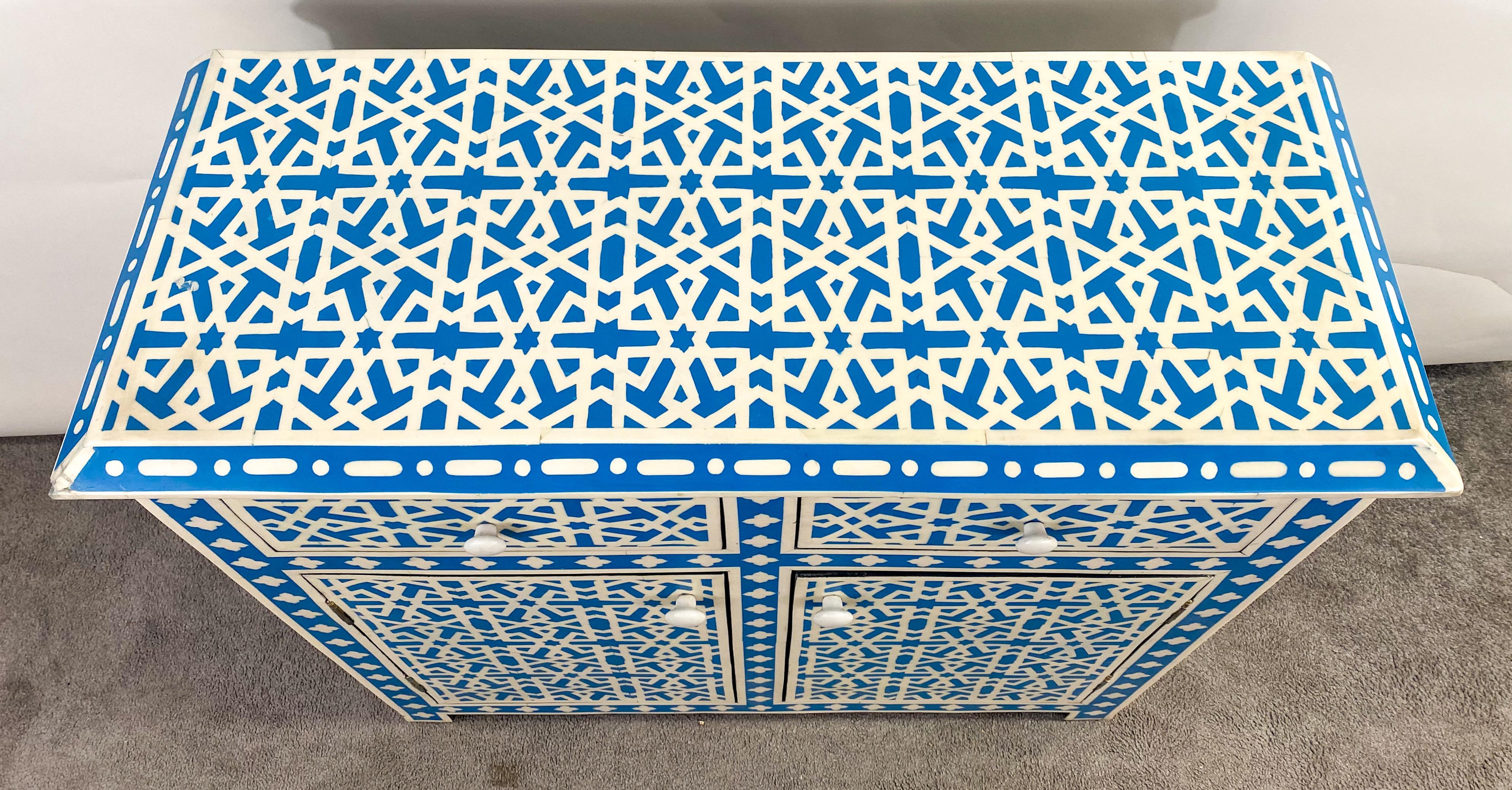 Bohemian Boho Chic White & Blue Resin Geometrical Design Two Door Cabinet or Console  For Sale