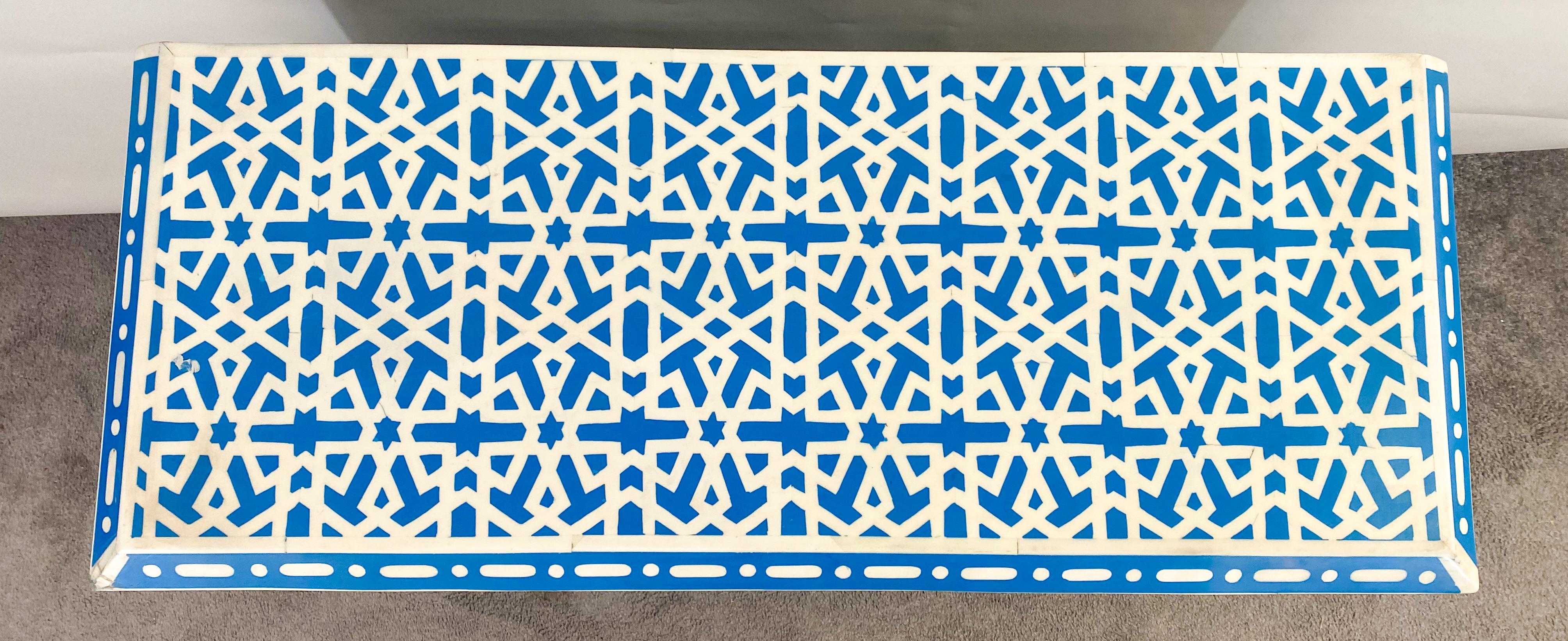 Moroccan Boho Chic White & Blue Resin Geometrical Design Two Door Cabinet or Console  For Sale