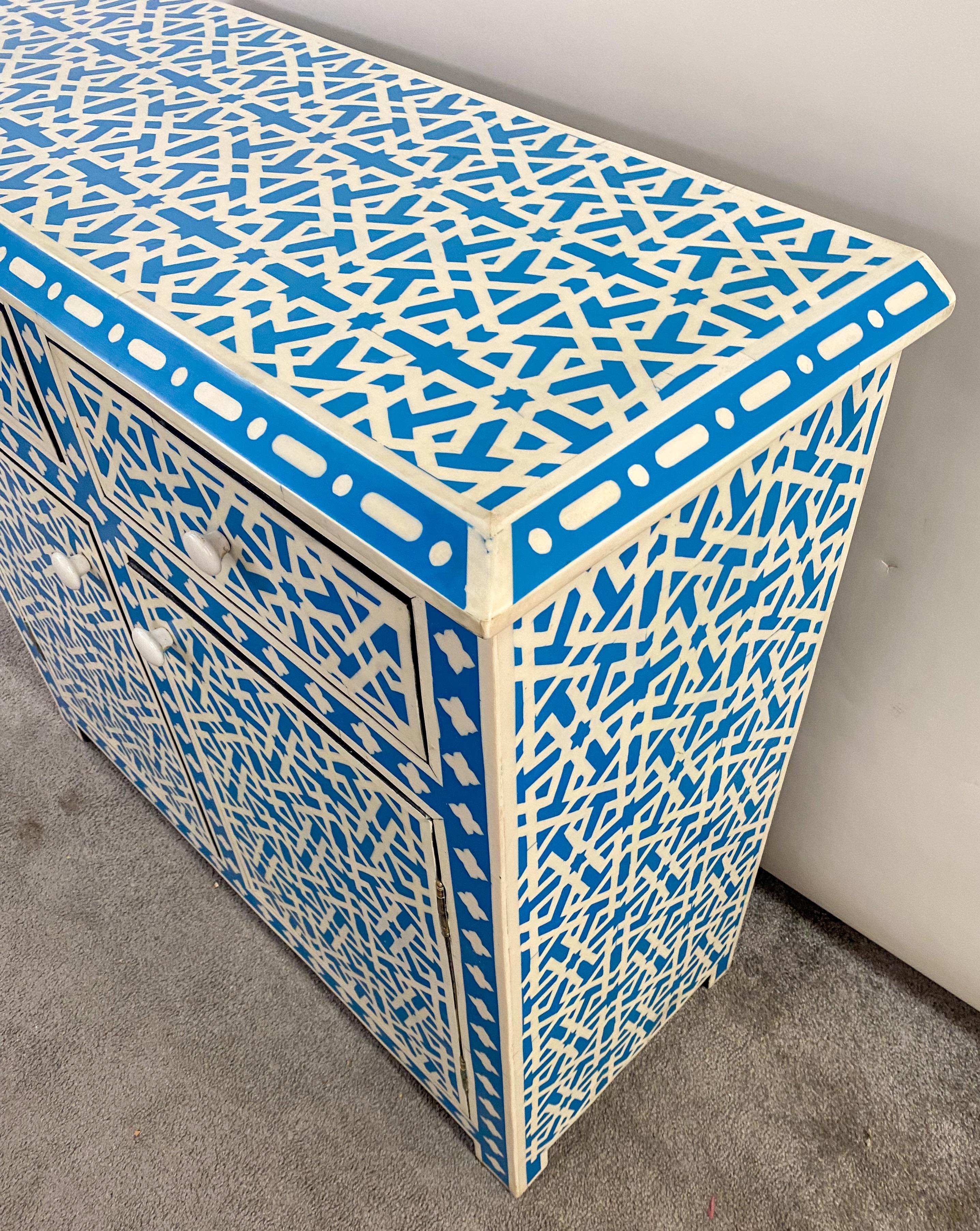 Boho Chic White & Blue Resin Geometrical Design Two Door Cabinet or Console  For Sale 3