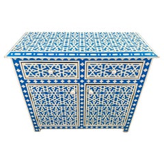 Vintage Modern Style Moroccan White & Blue Resin Arabesque Design Cabinet, Sideboard