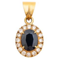 Modern Style Natural Blue Sapphire Diamond Oval Halo Pendant in 18K Yellow Gold