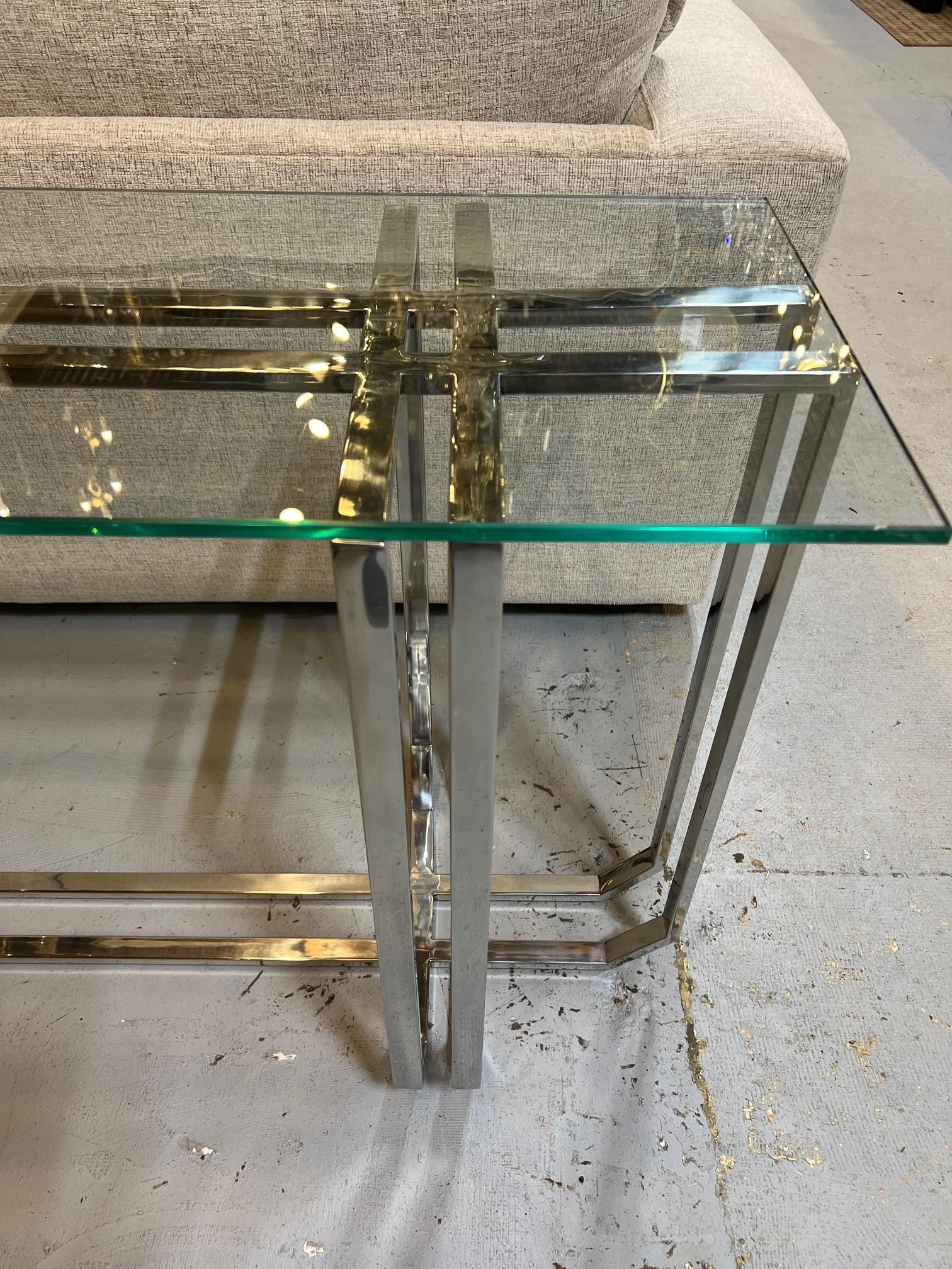 Indian Modern Style Nickel Console with Clear Glass Top  For Sale