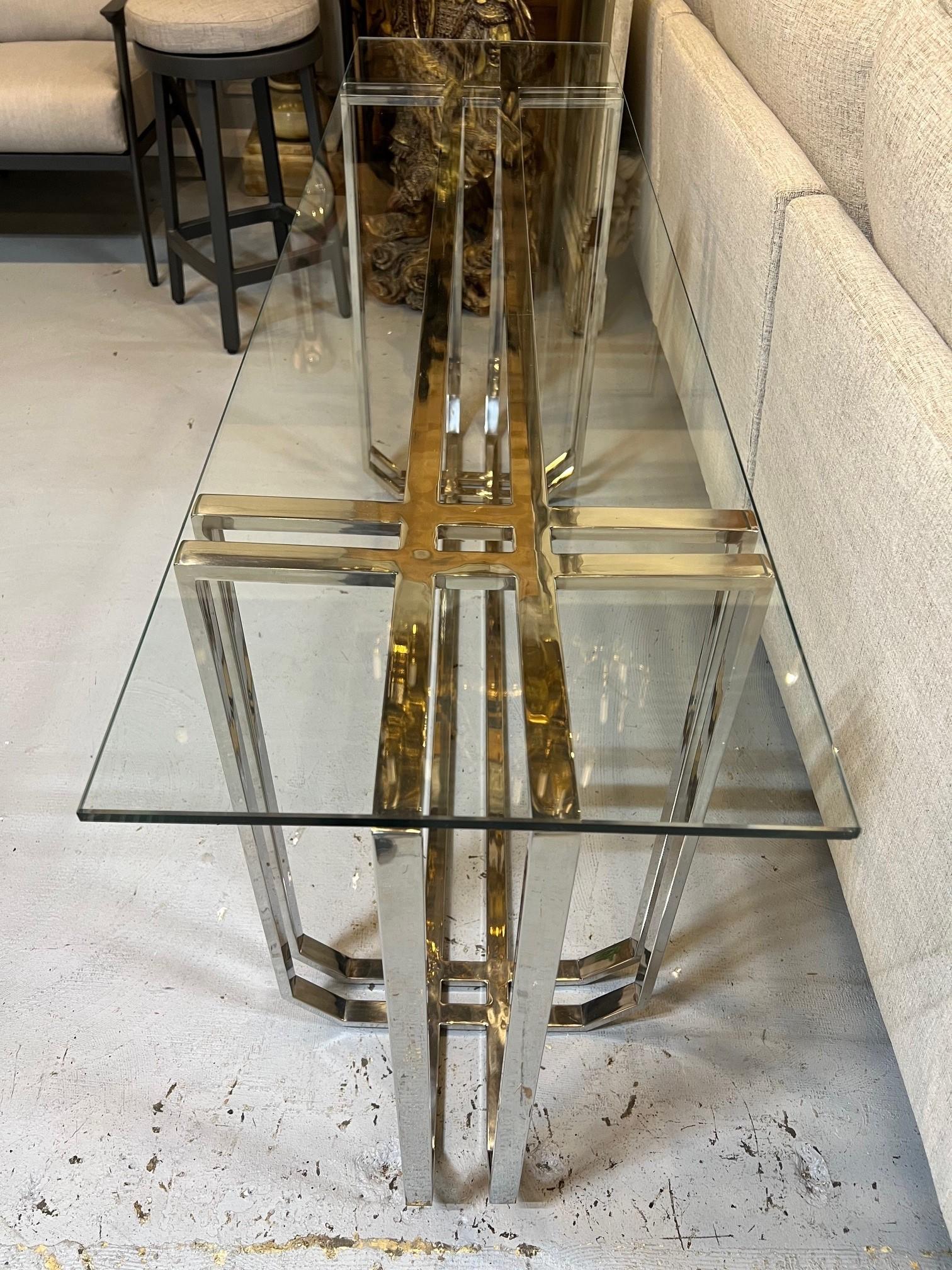 Modern Style Nickel Console with Clear Glass Top  For Sale 3