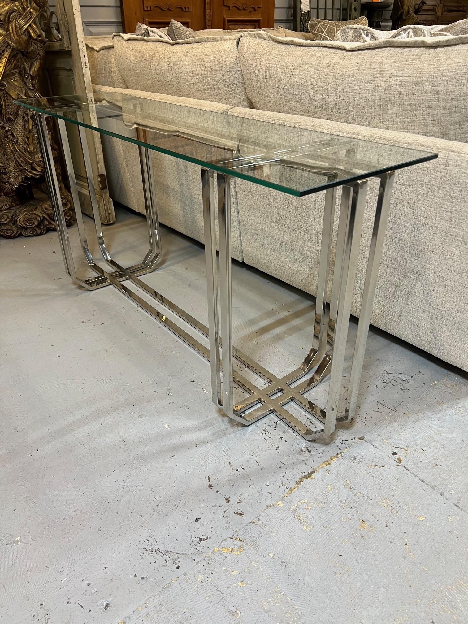 Modern Style Nickel Console with Clear Glass Top  For Sale 4