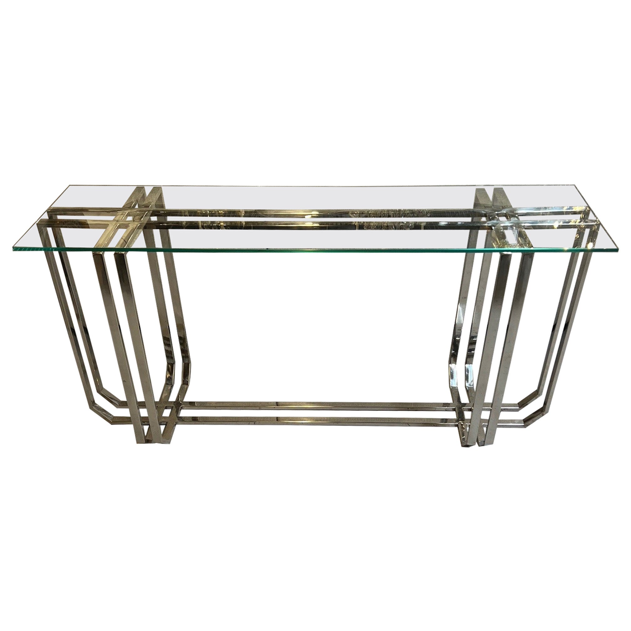Console de style moderne en nickel avec plateau en verre transparent en vente