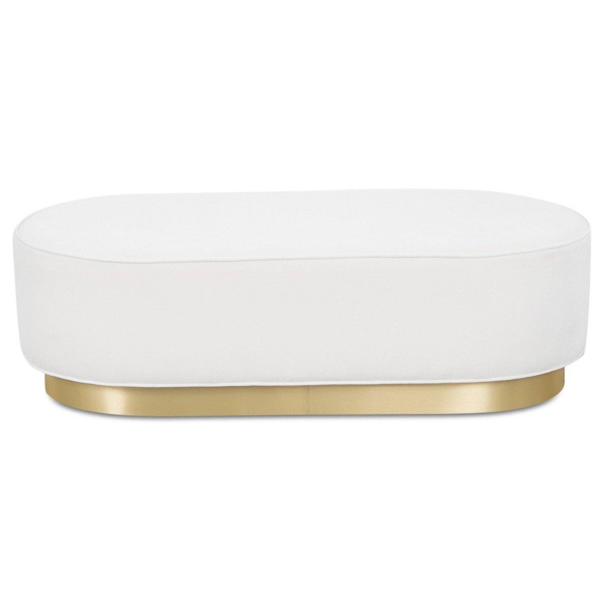 This pill shaped ottoman is the perfect addition to any living situation. Featuring a pill-like shape and a brass toekick, this piece can be used as an ottoman or as a bench. The possibilities are endless. Shown in snow velvet.

Dimensions:

54