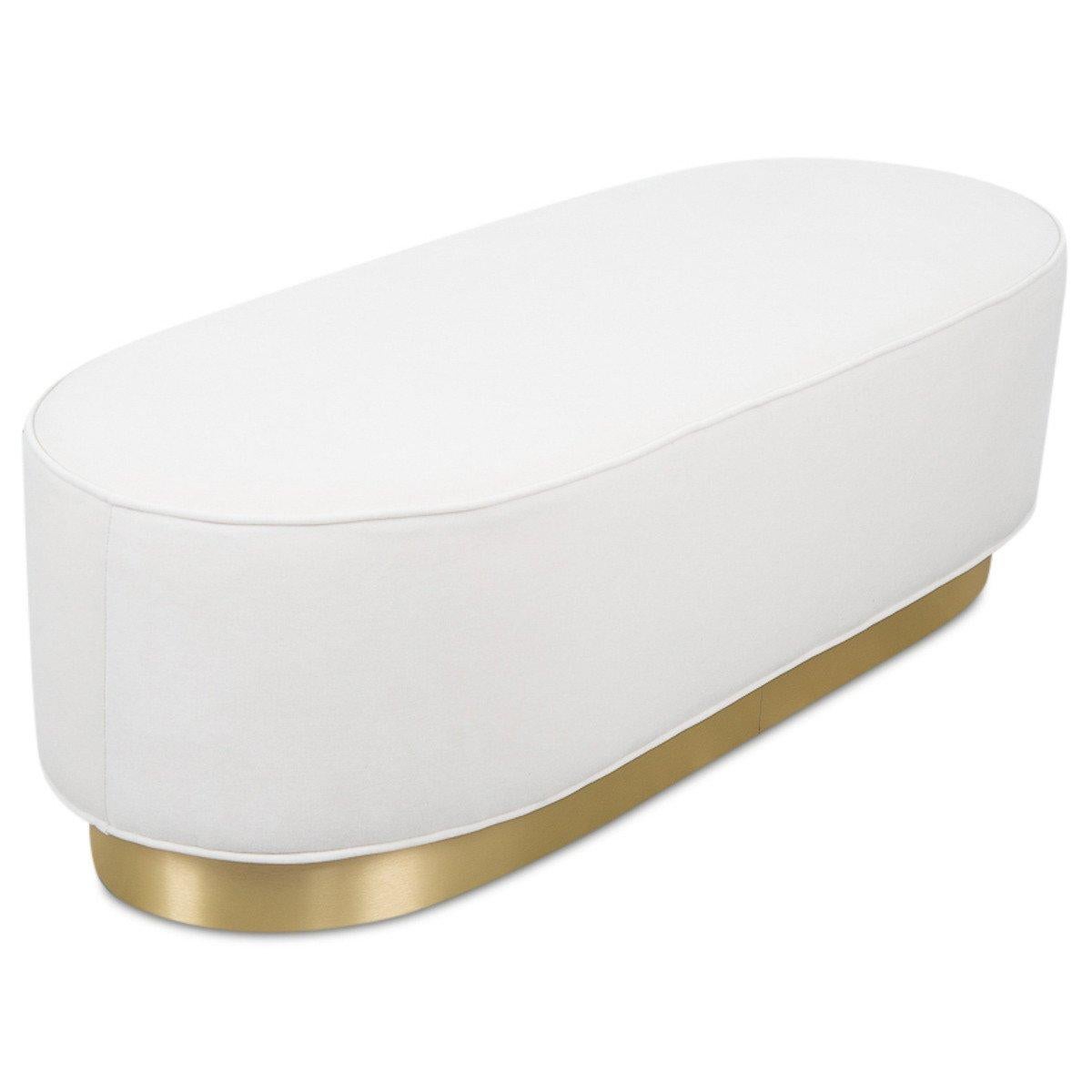 Modern Style Oblong Pill Ottoman or Bench in Snow Velvet with Brass Toe Kick For Sale