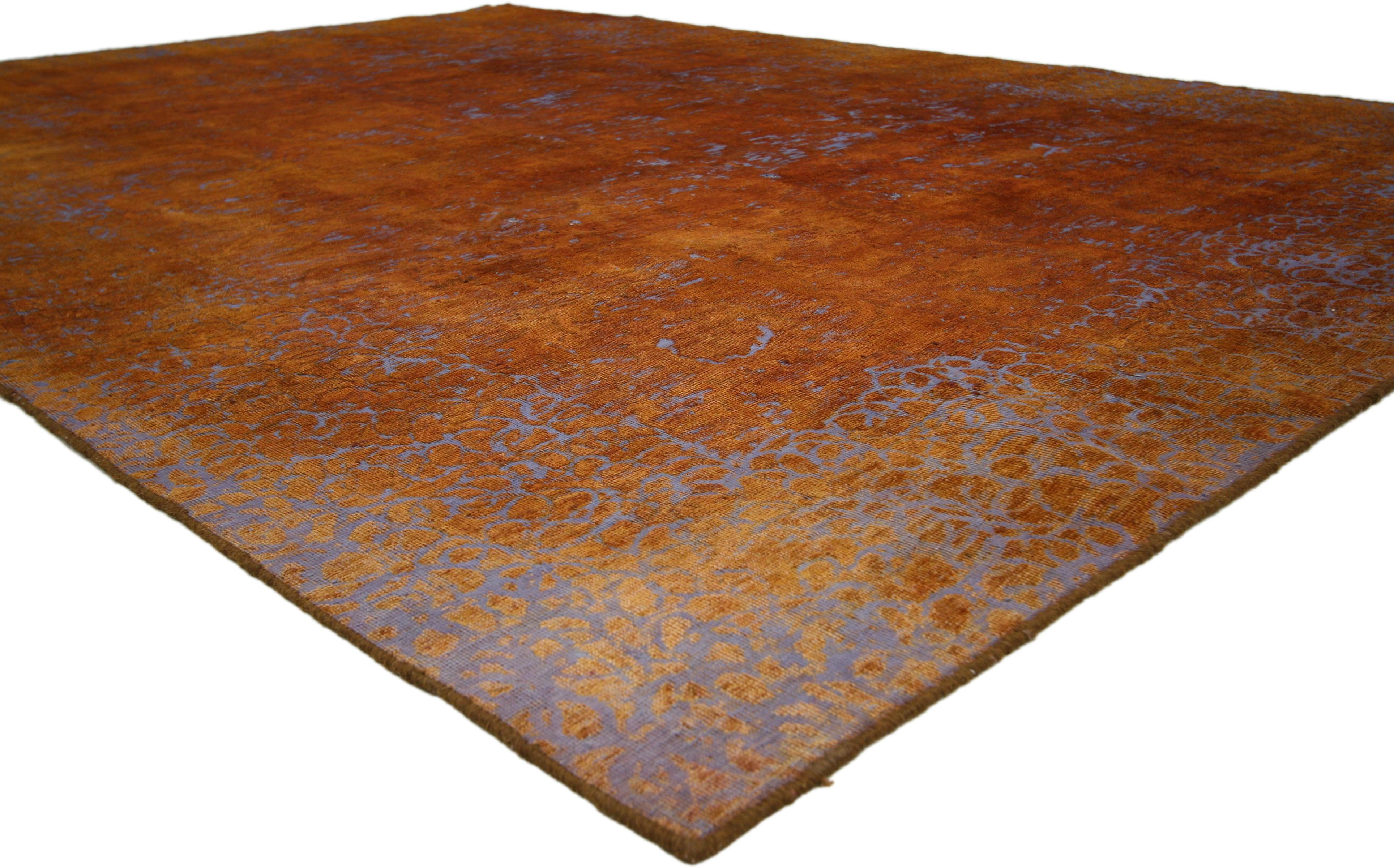 60624 Distressed Vintage Turkish Rug with Mid-Century Modern Northwestern Style 07'08 x 10'07. Imbued with vibrant orange earthy hues and rustic sensibility, this hand-knotted wool distressed vintage Turkish rug will take on a curated lived-in look
