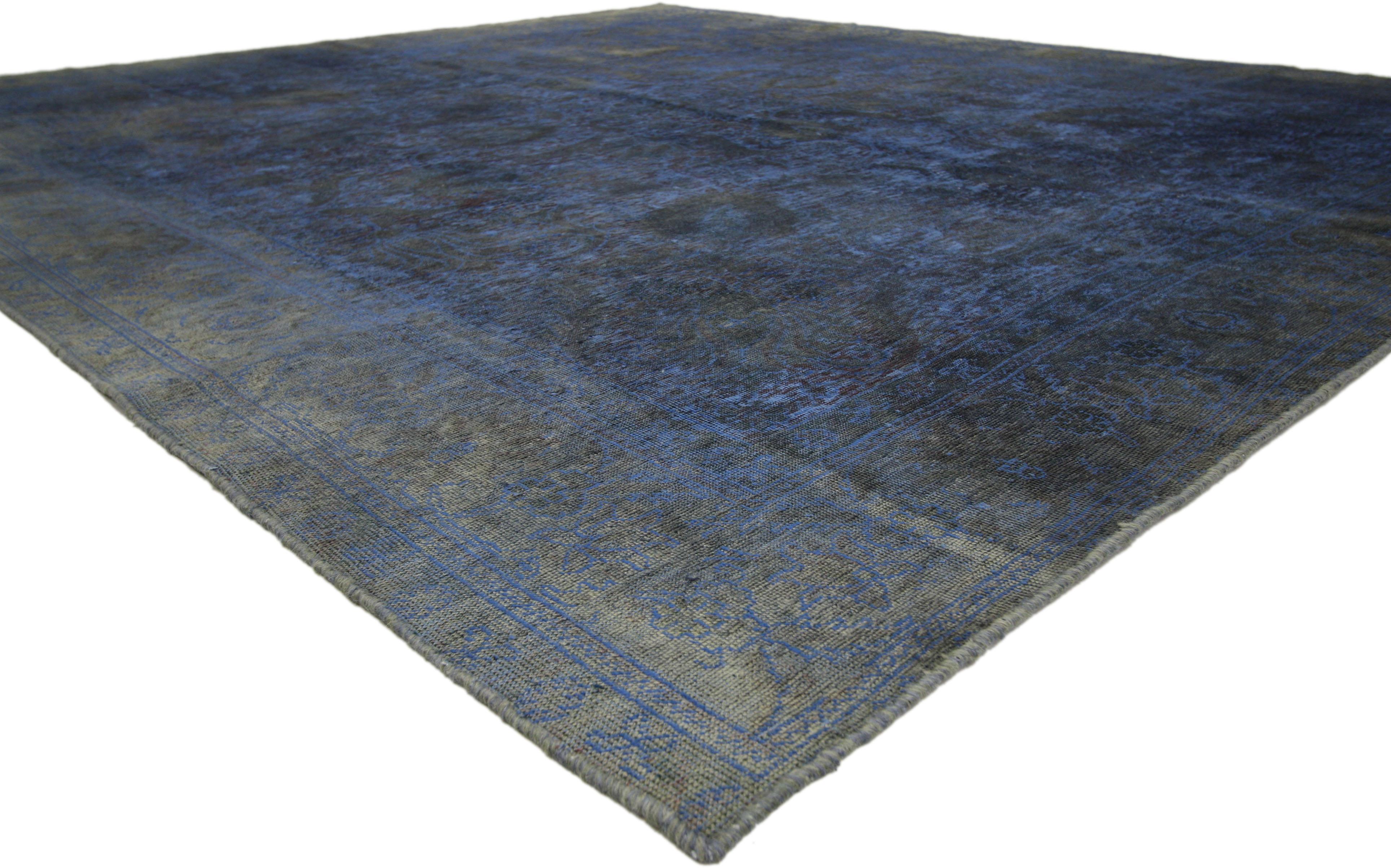 60628 Distressed Vintage Turkish Overdyed Rug with Modern Industrial Style 09'05 x 10'08. Stylish and bold combined with defined and raw, this distressed overdyed vintage Turkish rug goes beyond the boundaries of design with historical richness and
