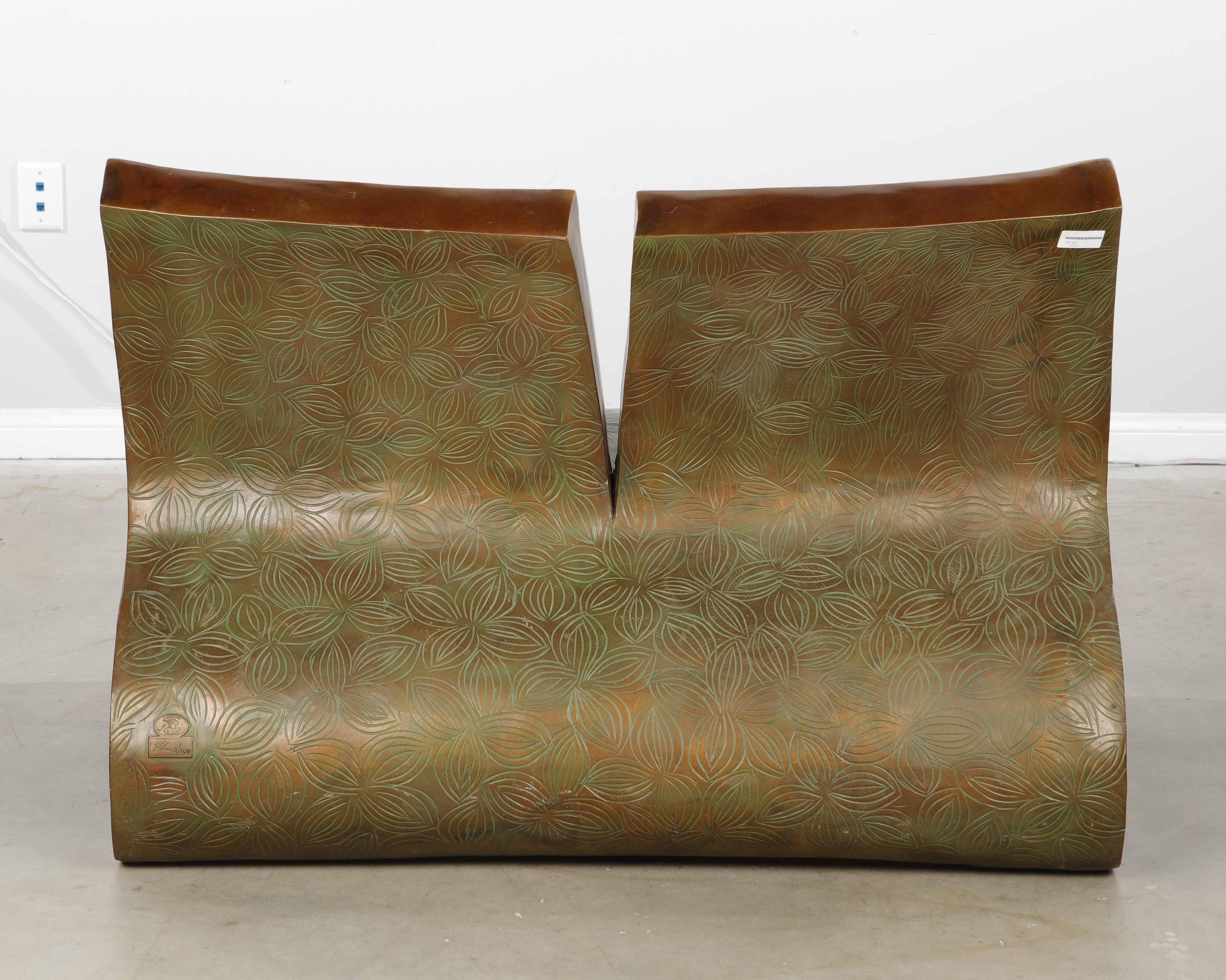 Modern Style Patinated Bronze Bench, Signed 1