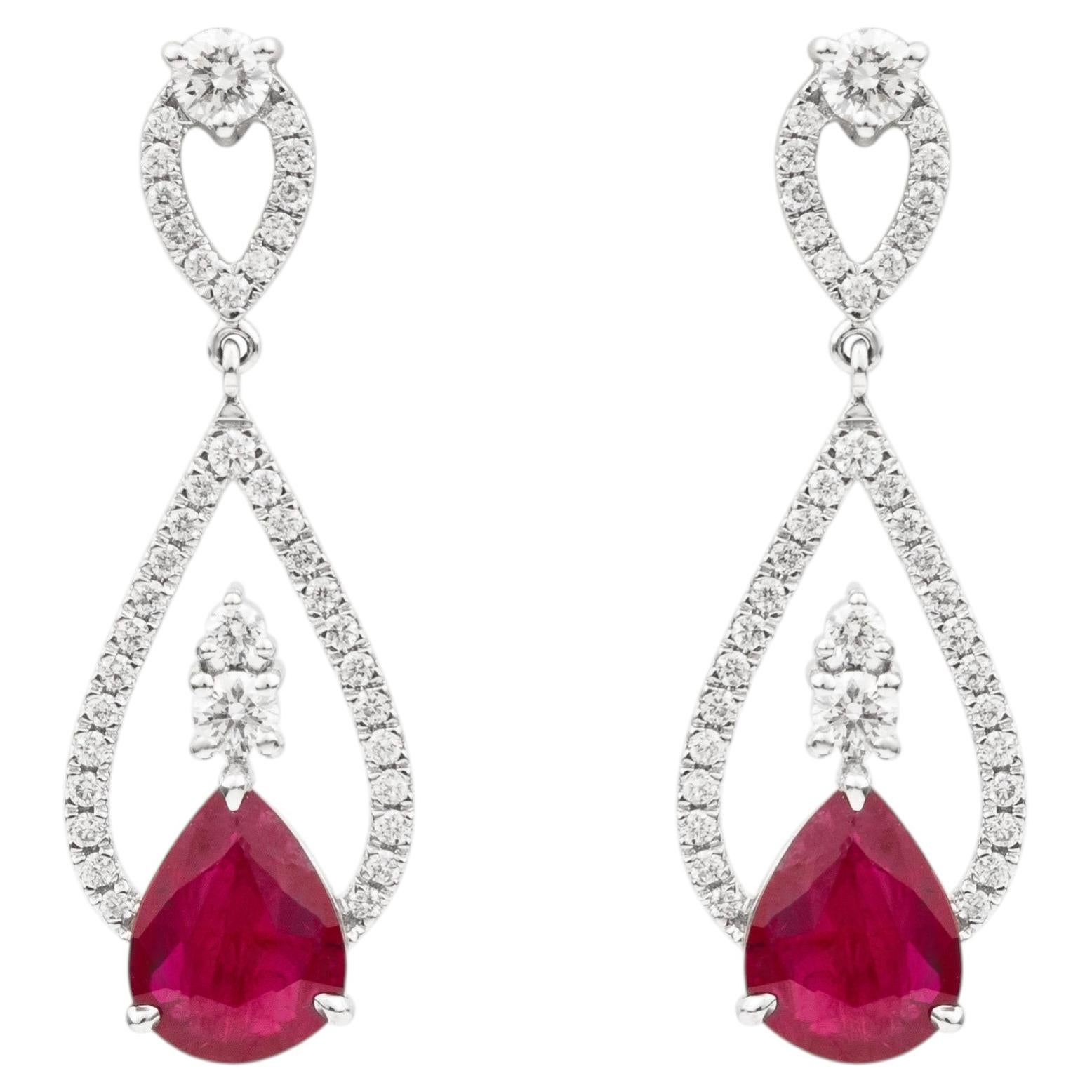 Modern Double Open-Frame Pear-Cut Ruby & Diamond Drop Earrings in 18K White Gold