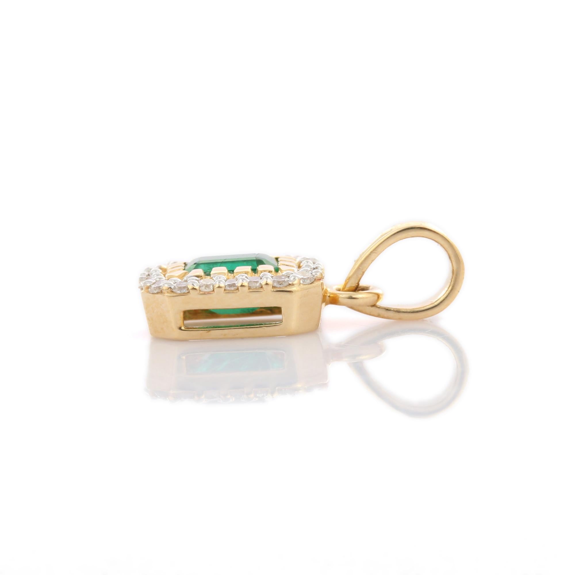 Pendentif en émeraude en or 14K. Elle est ornée d'une émeraude de taille octogonale sertie de diamants qui apporte une touche décente à votre look. Les pendentifs sont portés ou offerts pour représenter l'amour et les promesses. C'est un bijou