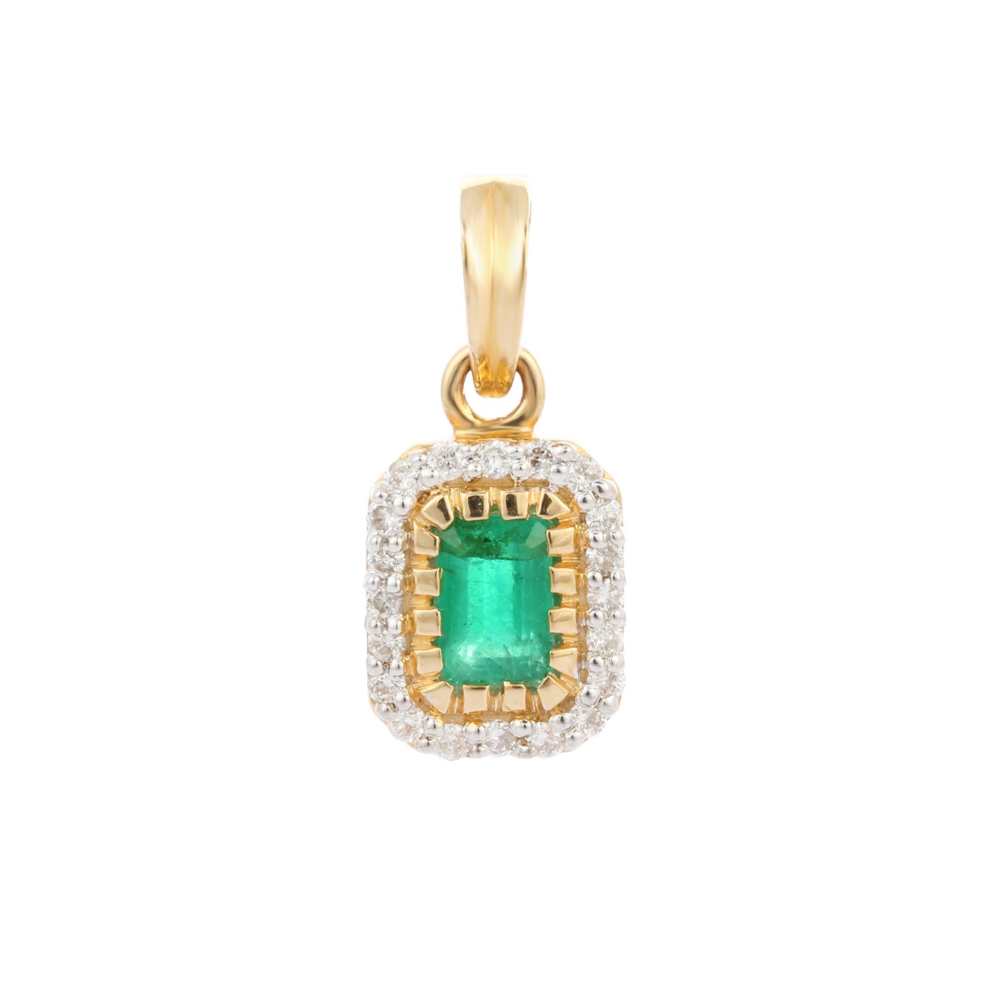 Octagon Cut Modern Style Prong Set Emerald and Diamond Pendant in 14K Yellow Gold For Sale