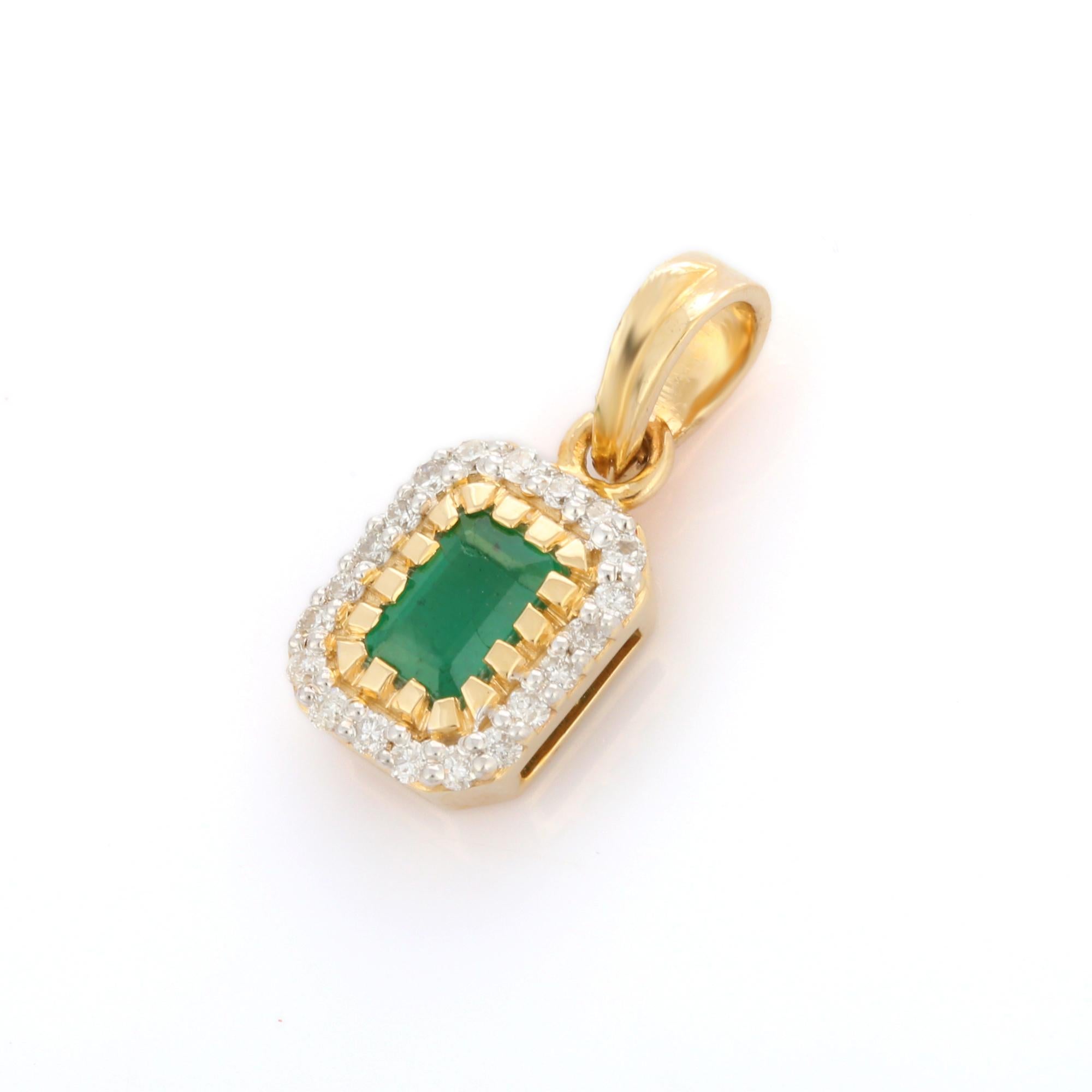 Women's Modern Style Prong Set Emerald and Diamond Pendant in 14K Yellow Gold For Sale