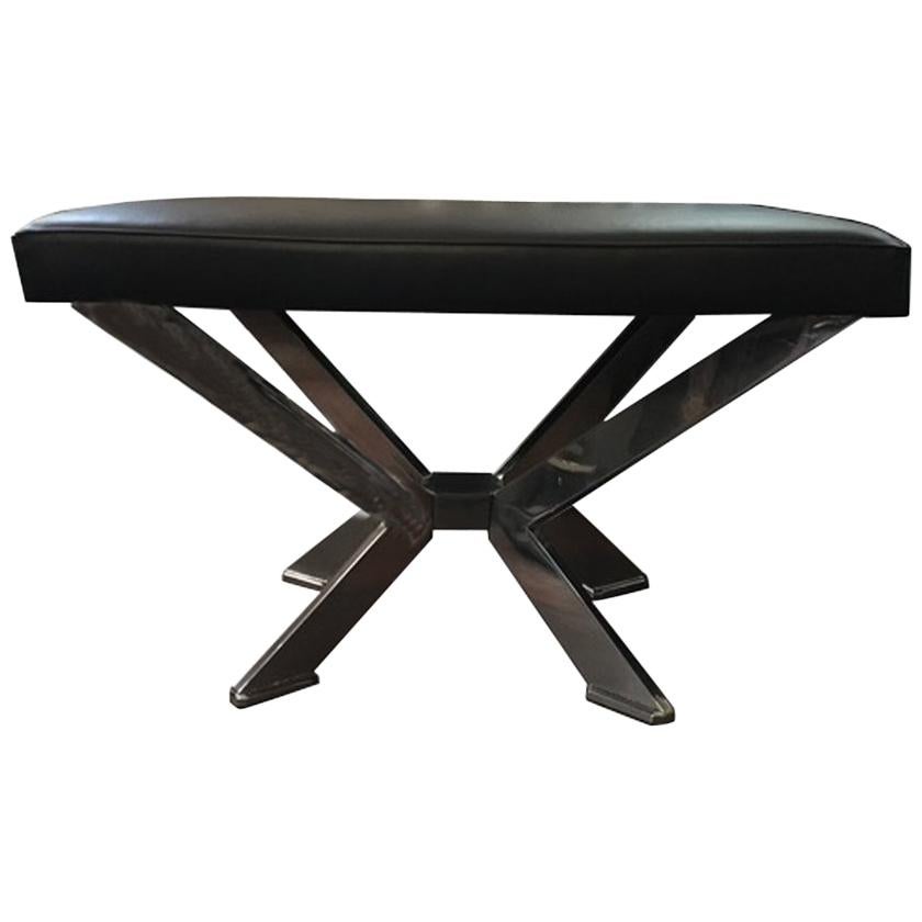 Italian Design Rectangular Black Leather and Chrome-Plated Brass Bench For Sale