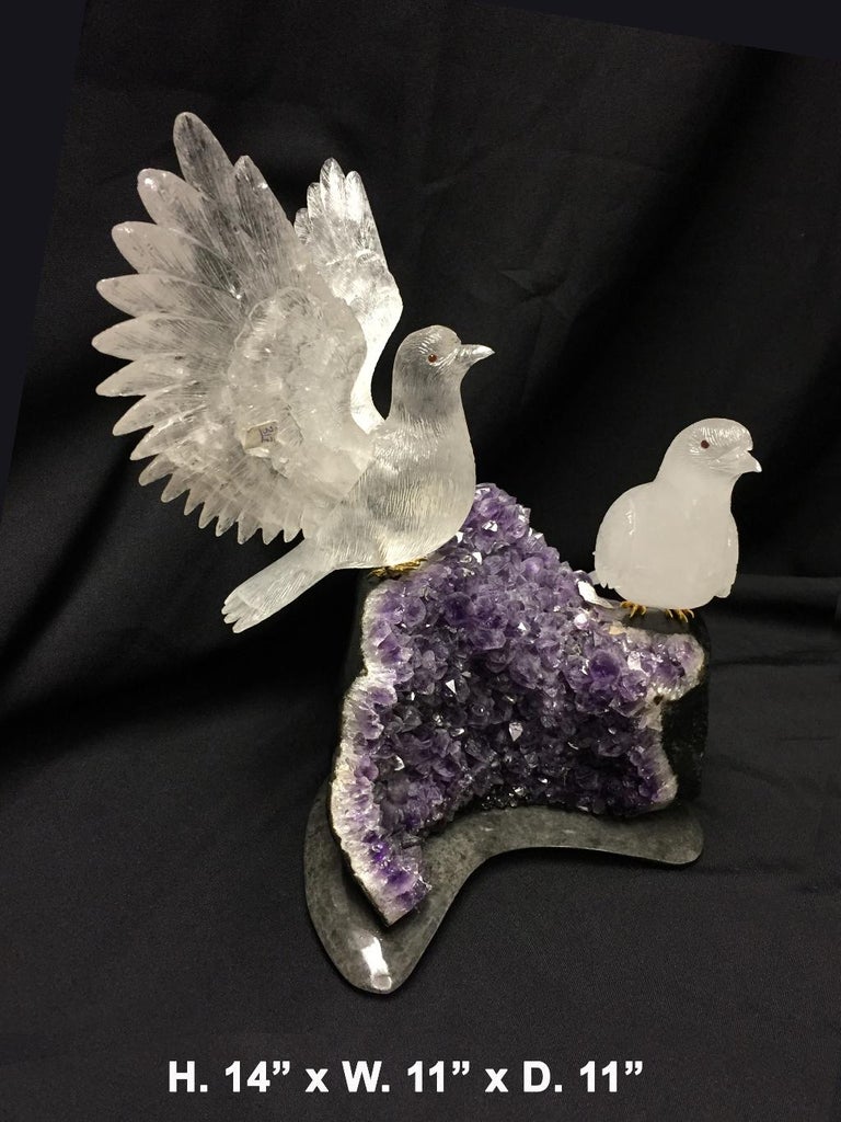 Modern Style Rock Crystal Birds on Amethyst Geode For Sale at
