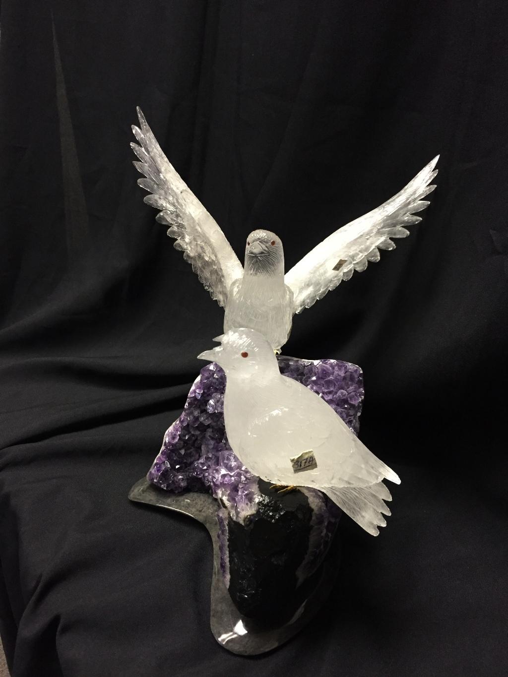 Polished Modern Style Rock Crystal Birds on Amethyst Geode For Sale