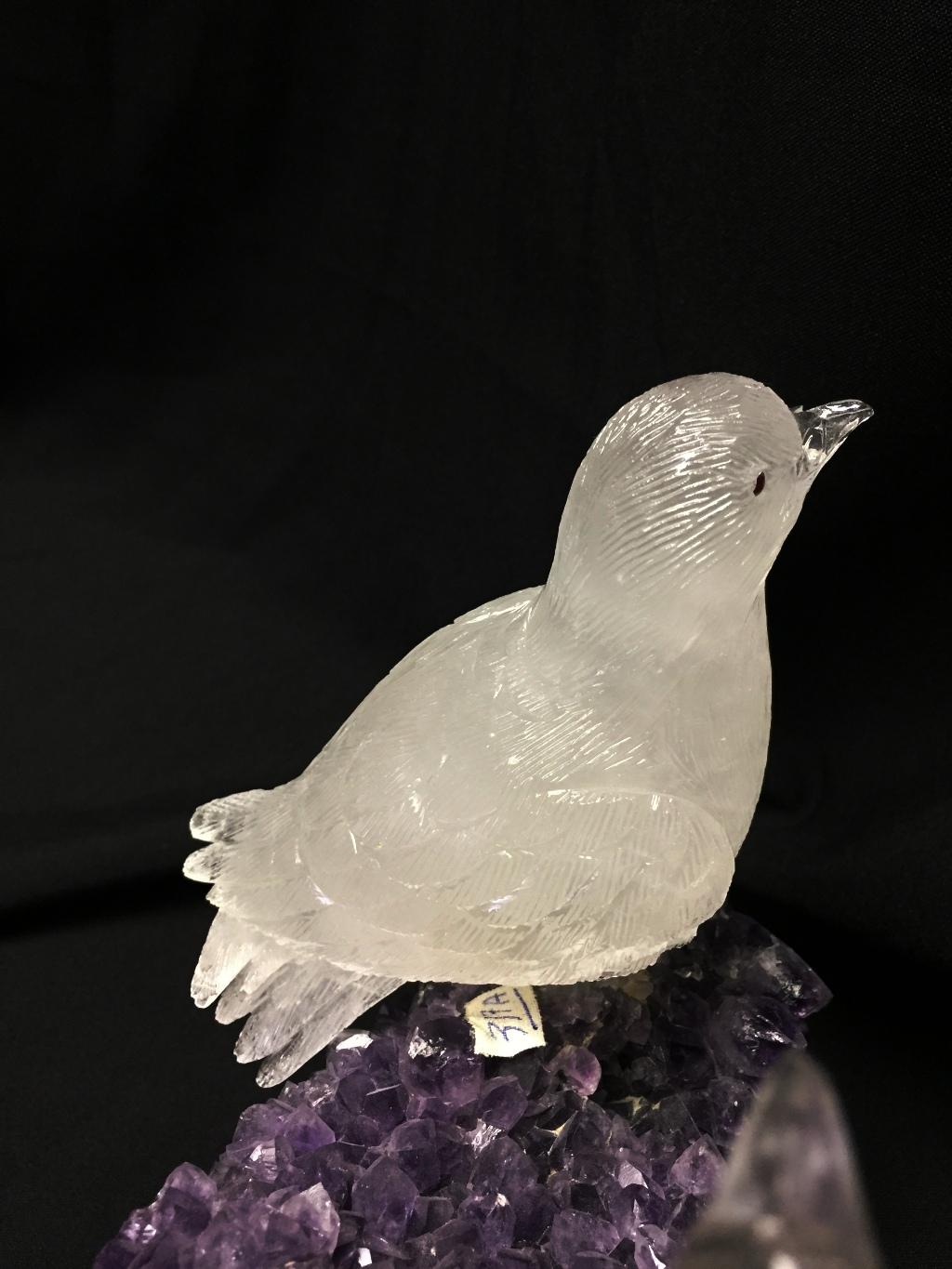Modern Style Rock Crystal Birds on Amethyst Geode In Excellent Condition For Sale In Cypress, CA