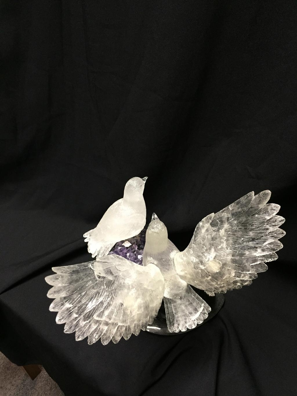 Contemporary Modern Style Rock Crystal Birds on Amethyst Geode For Sale