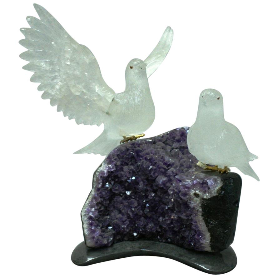 Modern Style Rock Crystal Birds on Amethyst Geode For Sale